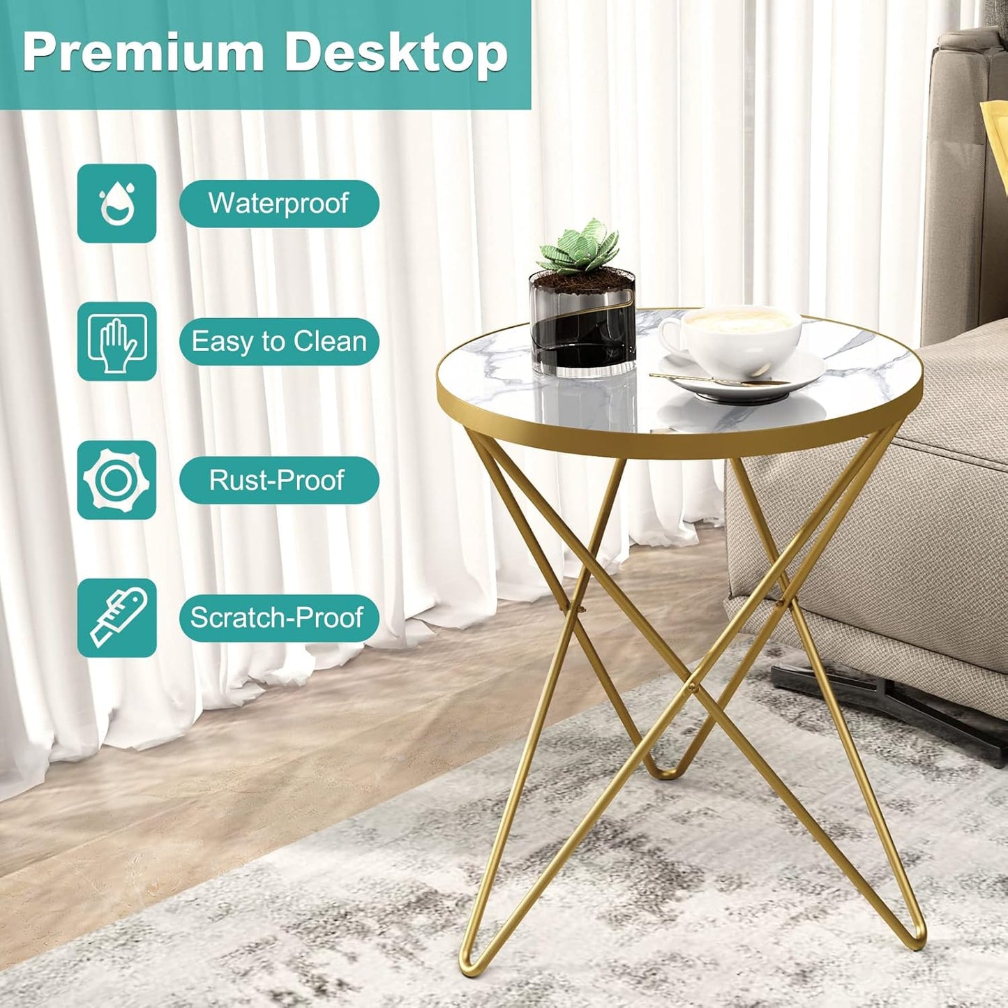 HLR Modern Round Side Table, End Table with Marble Effect Top and Gold Metal Frame, Small Side Table for Living Room, Bedroom, Sofa and Couch, Gold Legs, White Marble top