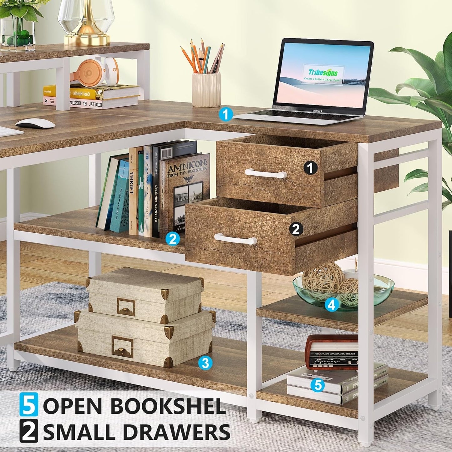 Tribesigns L Shaped Desk with Drawers and Monitor Stand, L Corner Desk with Storage Shelves, Beige Wooden PC Table for Samll Home Office