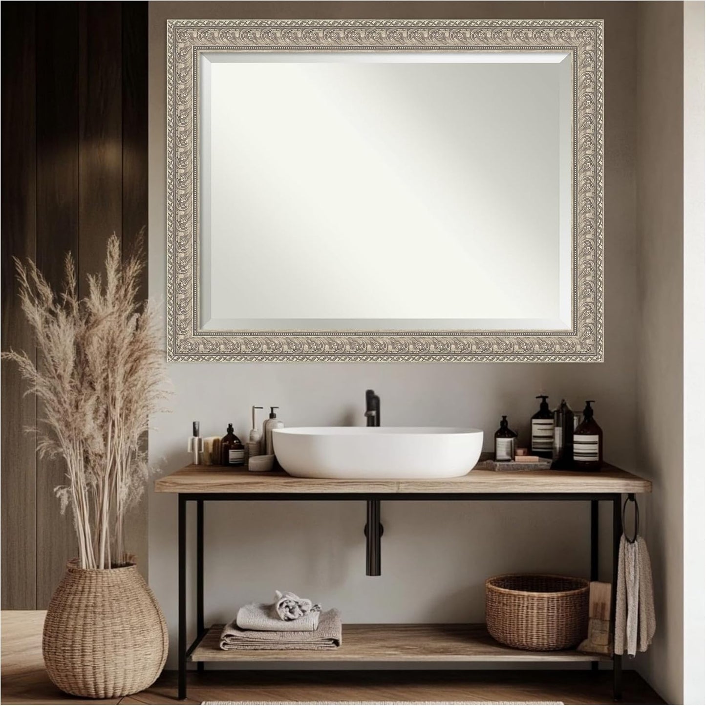 Amanti Art Silver Bathroom Mirror for Over Sink, 37x47 Sydney Silver Rectangle Vanity Mirror, X-Large Traditional Frame, Hangs Horizonally and Vertically, Bathroom Wall Decor, Beveled Edge
