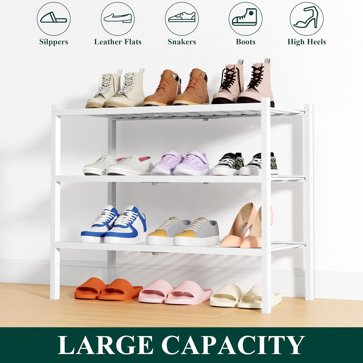 Smiry Shoe Rack, 3 Tier Thick Bamboo Shoe Organizer, Stackable Free Standing Wooden Shoe Storage Shelf for Closet, Entryway, Front Door Entrance, White