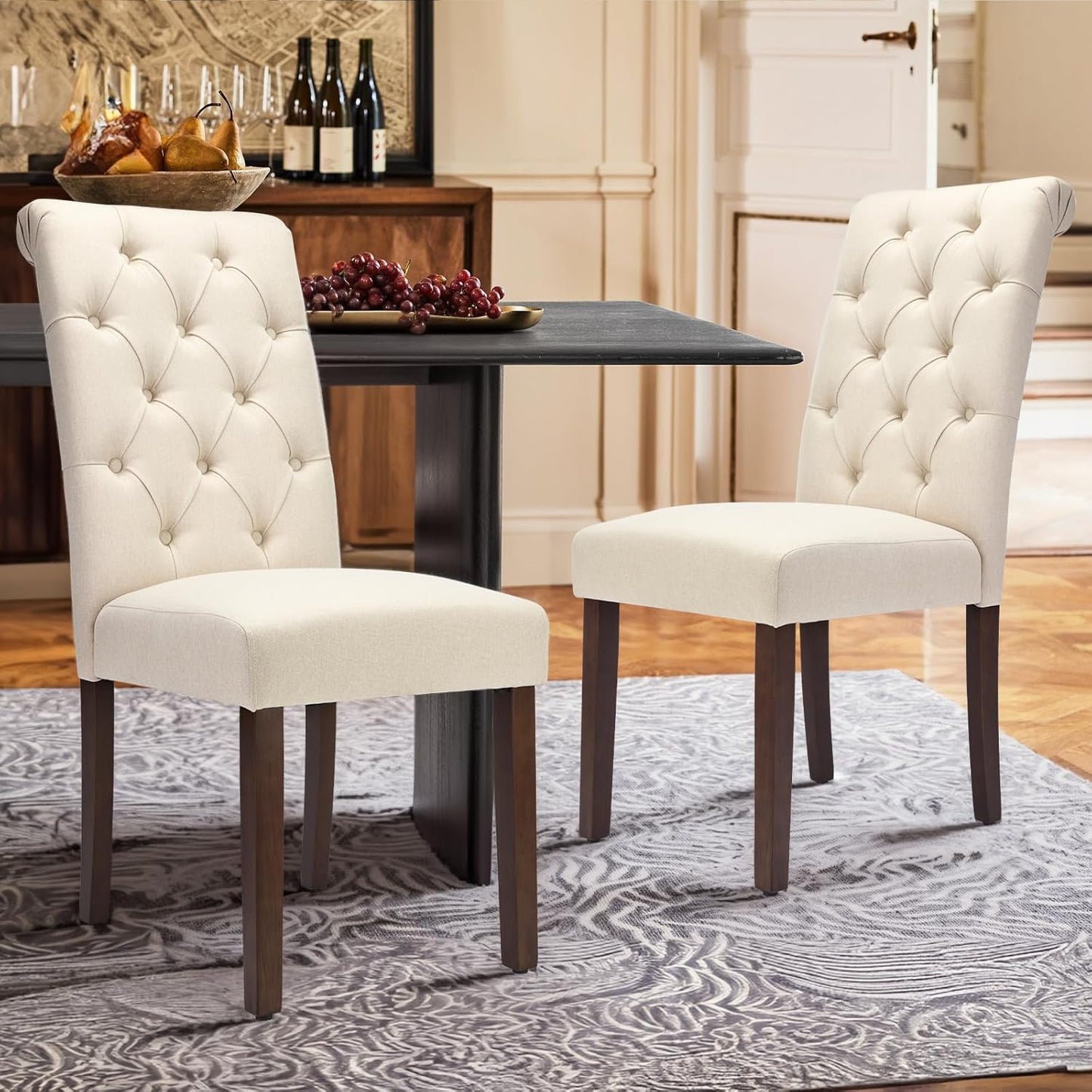 COLAMY Tufted Dining Chairs Set of 2, Accent Parsons Diner Chair Upholstered Fabric Stylish Kitchen Chairs with Solid Wood Legs and Padded Seat, Beige