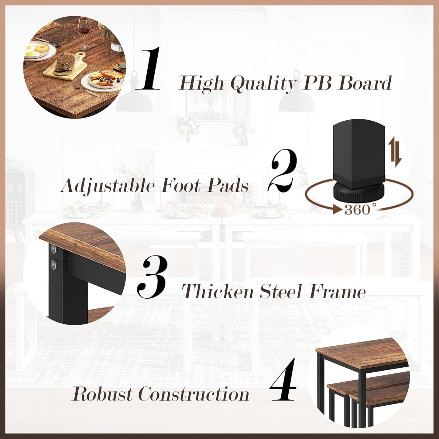 soges 39.4 in Kitchen Table Set with 2 Benches, Dining Table Set for 4, 3 Piece Wooden Industrial Style Dining Room Table and Long Benches, Breakfast Table Coffee Table Set, Retro