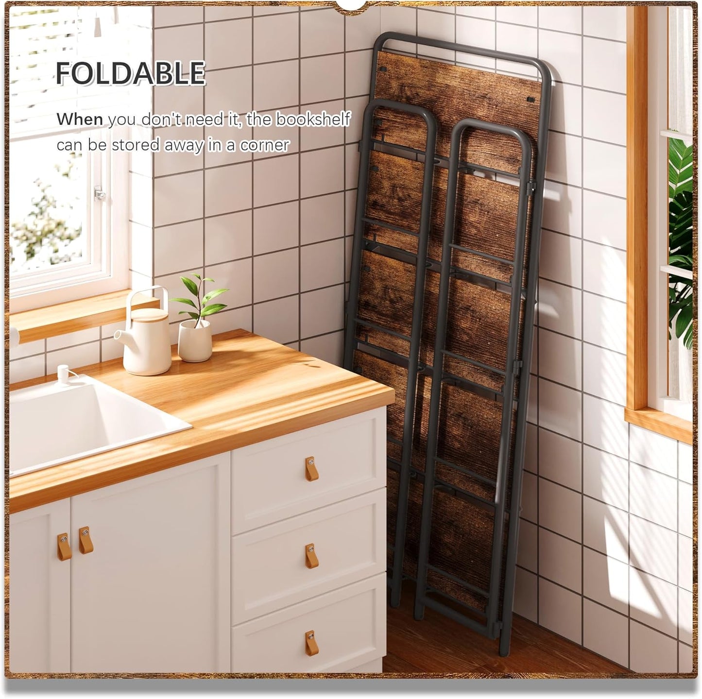 4NM No Assembly Folding Bookshelf 5 Tiers Vintage Industrial Black Book Shelf Metal Foldable Storage Bookcase and Bookshelves for Living Room,Bedroom and Kitchen - Rustic Brown