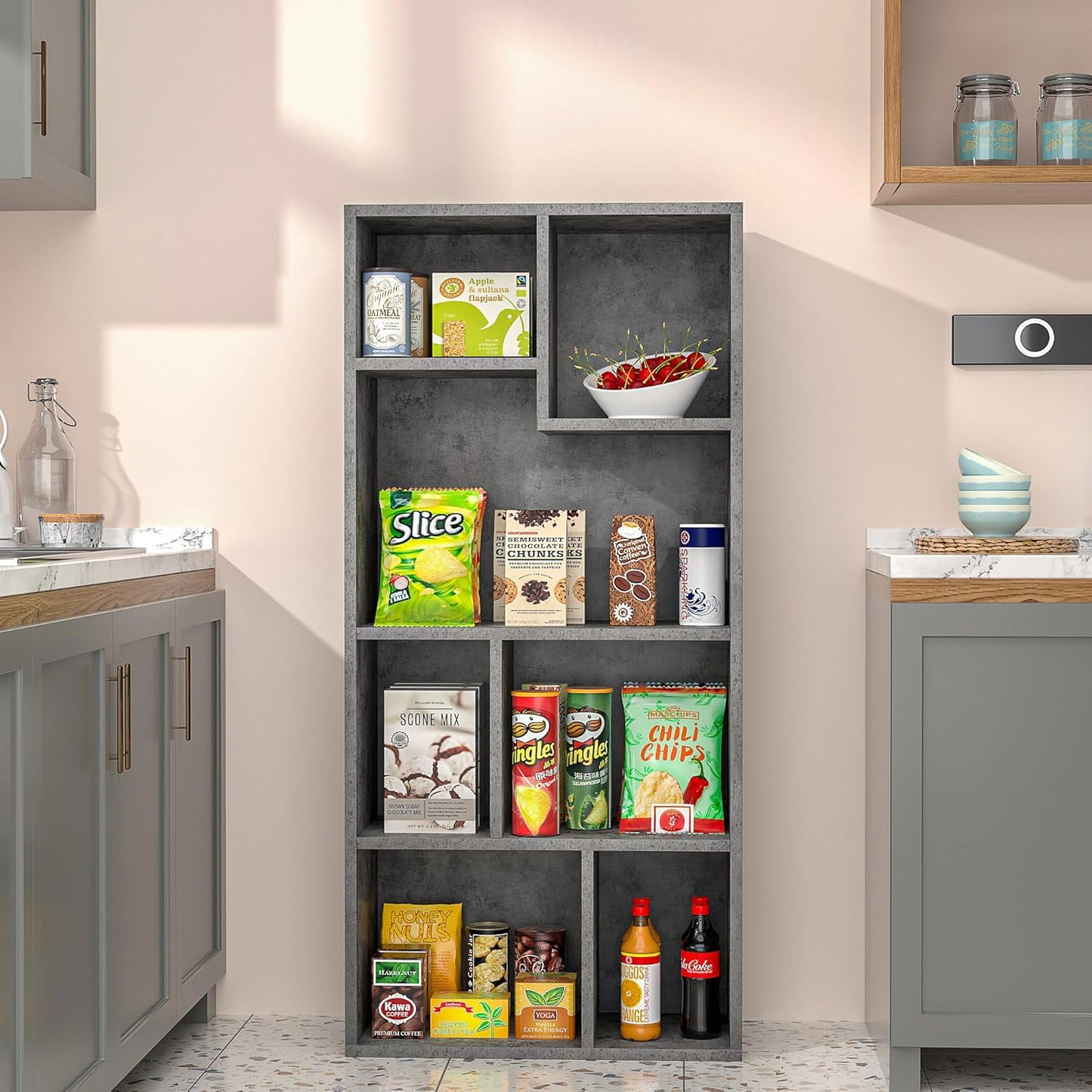 VECELO 42 Inch High Bookcase, 4-Tier Modern Storage Cabinet with Height Difference Shelves for Standard Textbooks, Floor Standing Display, 7 Cubes, Horizontal Avaiable, Easy Assembly, Grey