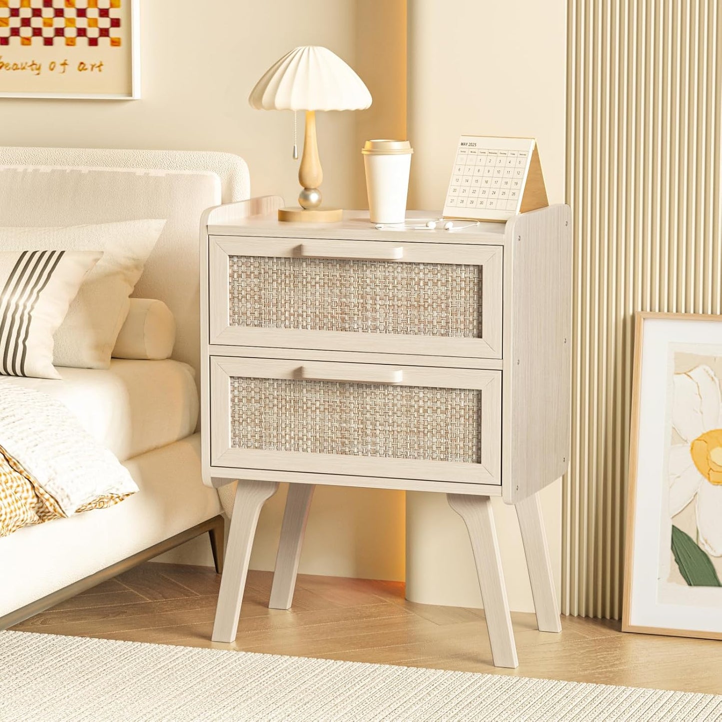 Lerliuo Rattan Nightstands Set of 2, Boho Night Stand with 2 Drawers, Cane Accent Side End Table, Bedside Table with Solid Wood Legs for Bedroom, Dorm and Small Spaces (Grey Oak)