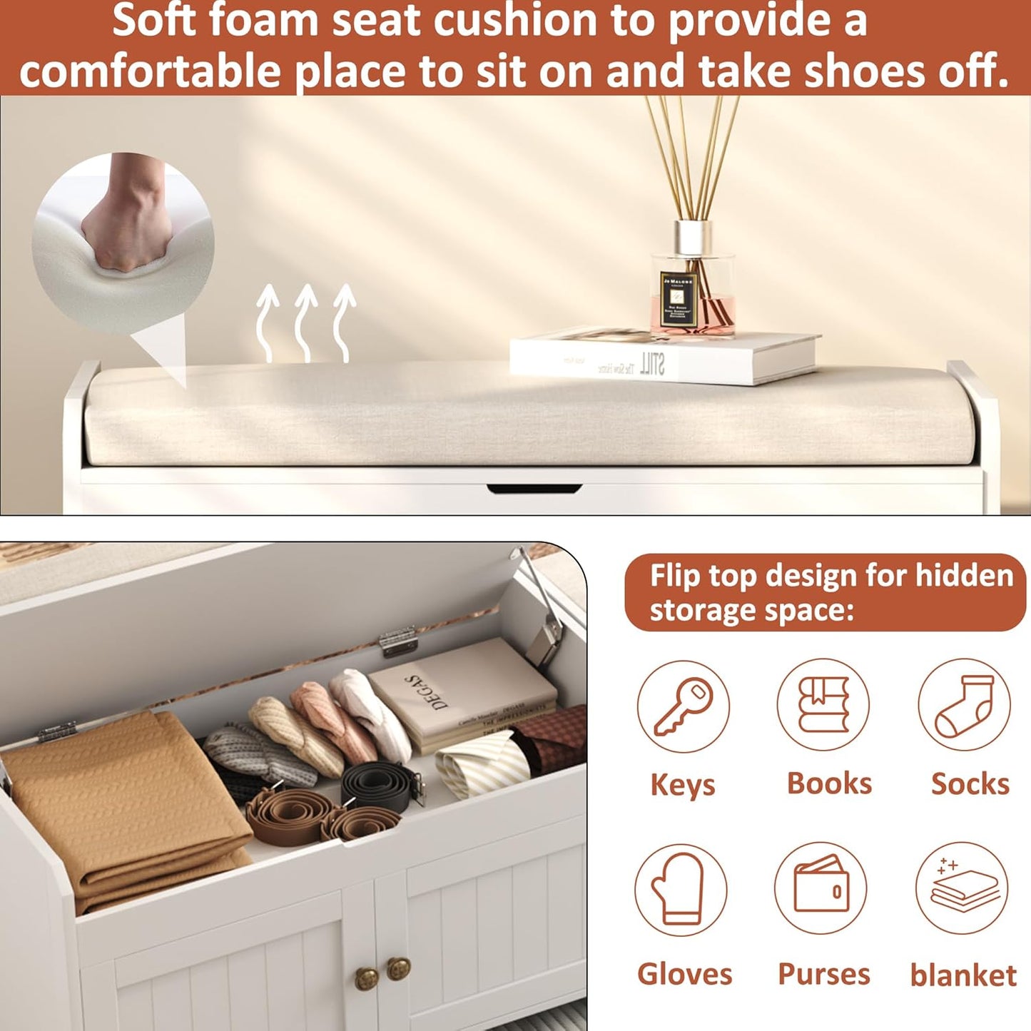 HOMEFORT 30" Shoe Bench with Lift Top Storage, Entryway Bench with Cushioned Seat, Wooden End of Bed Bench, Shoe Cabinet Bench with Hidden Storage Space, for Bedroom, Hallway,White