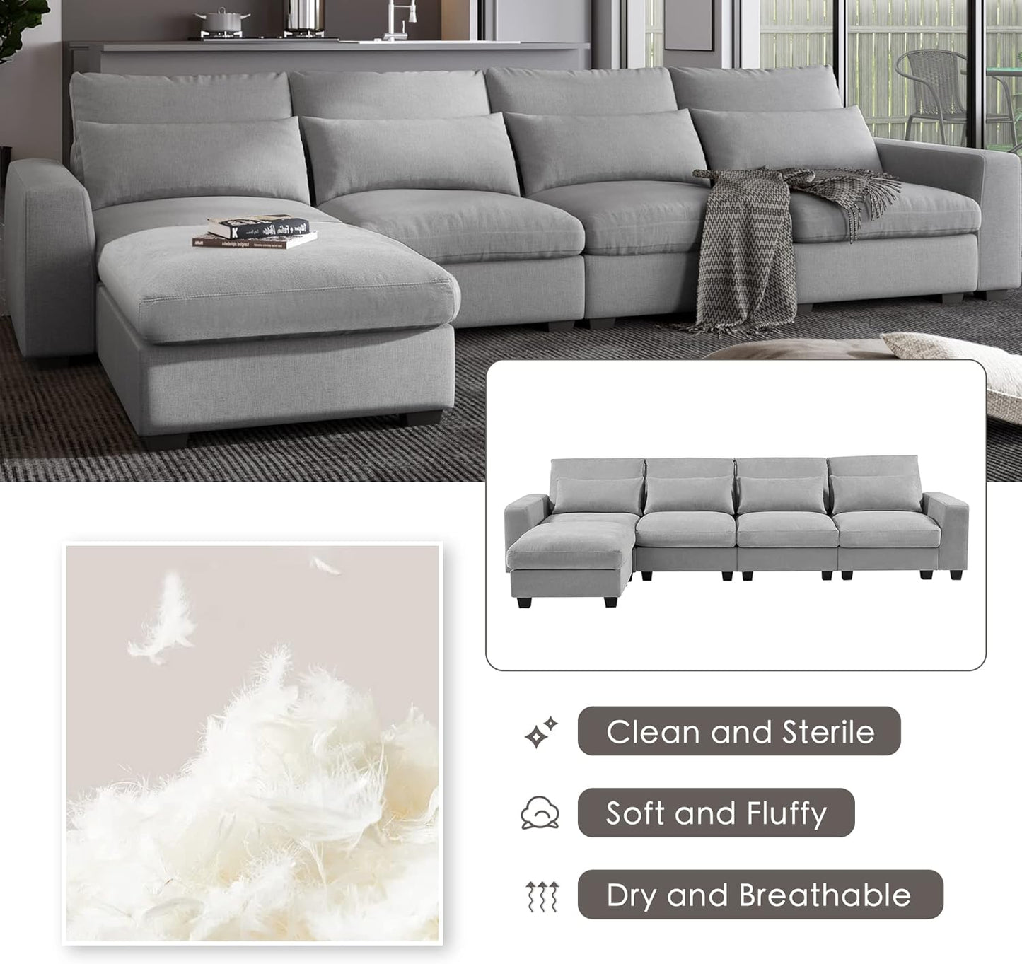 129.9 Inch Modern Oversized L-Shape Feather Filled Sectional Sofa with Ottoman, 5-Seater Modular Convertible Couch w/Reversible Chaise and 4 Pillows for Living Room, Apartment, Light Gray