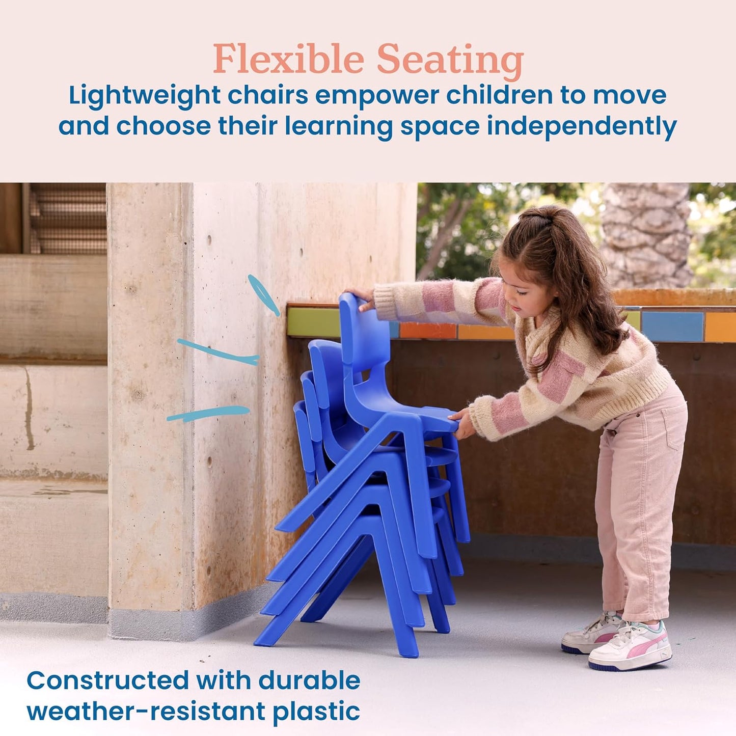 ECR4Kids 12in Plastic School Stack Chair, Classroom Furniture, Blue, 4-Pack