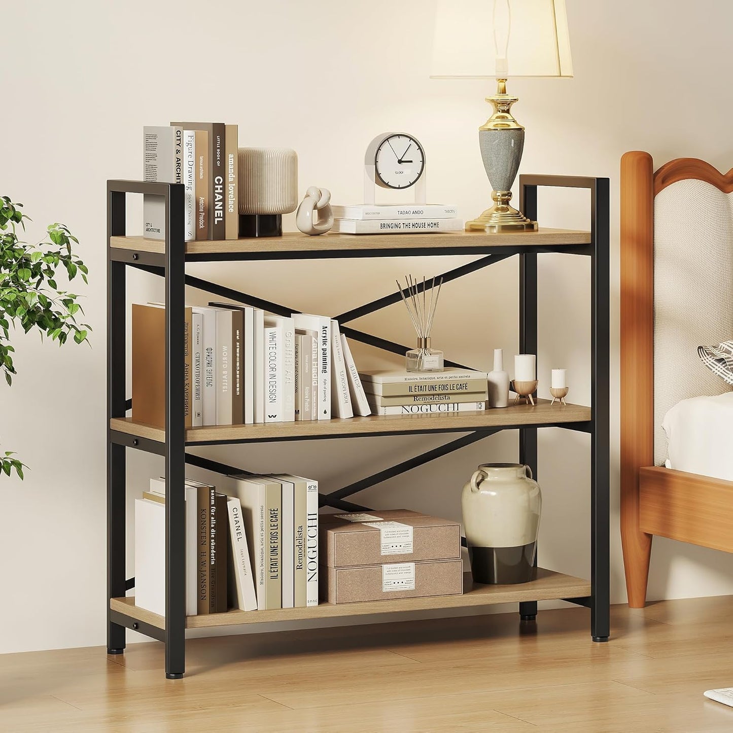 Homeiju 3 Tier Bookshelf 31.49" Width, Wood and Metal Etagere Bookcase, Vintage Farmhouse Modern Wooden Big Book Shelf for Home Living Room Bedroom Office Storage(Light Coffee)