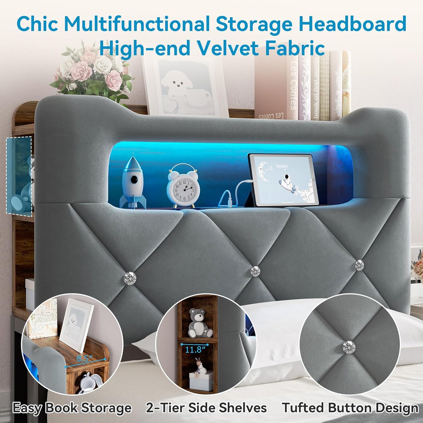 Twin Upholstered LED Bed Frame with 2 Storage Drawers and 2-Tier Storage Bookcase Headboard, Velvet Platform Bed for Kids/Girls/Boys, Corner Bed Frame, Heavy Duty Metal Support, Grey