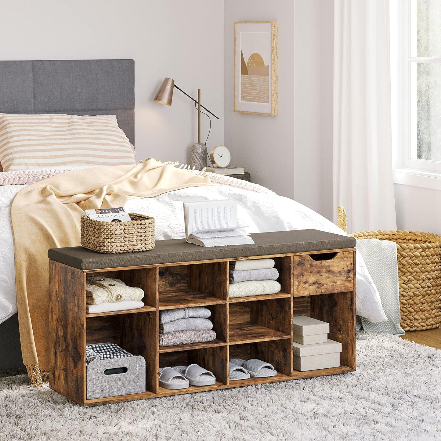 DINZI LVJ Shoe Bench, Entryway Storage Bench with Drawer and 11 Cubbies, Cubby Shoe Rack with Adjustable Shelves, Shoe Organizer Cabinet for Living Room, Mudroom, Closet and Garage, Rustic Brown