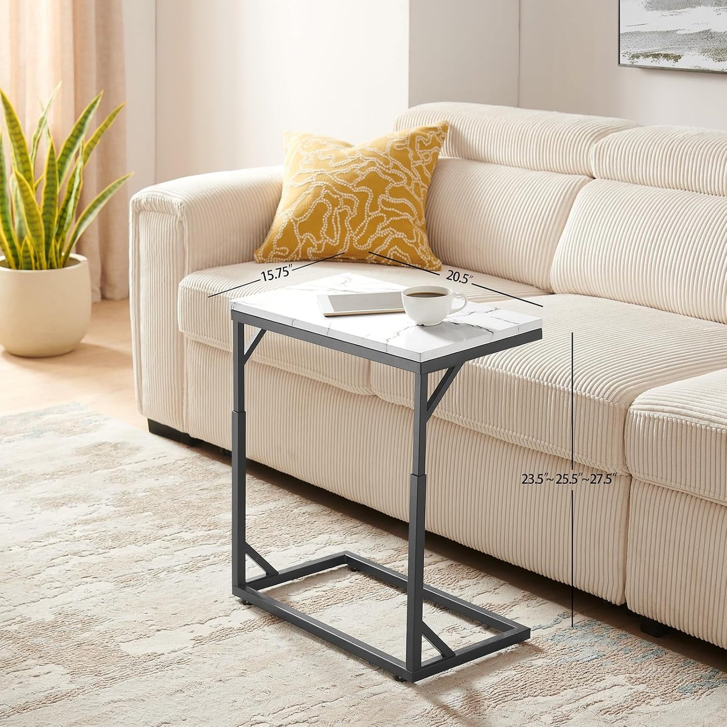 C-Shaped End Table, Small Sofa Table with Metal Frame, Adjustable Height Side Table for Couch, Living Room, Bedroom, Bedside (Black, Medium)