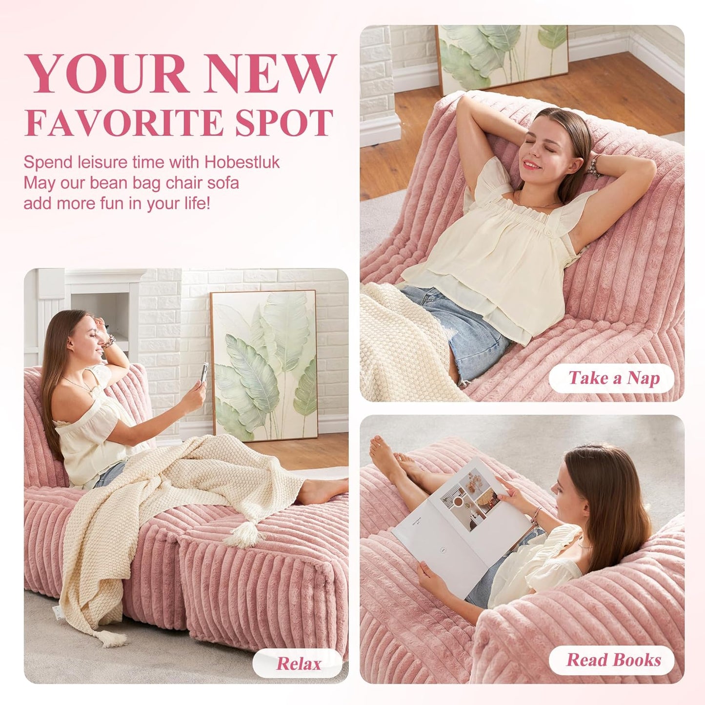 Hobestluk Big Bean Bag Lounger Chairs Large Beanbag Chair for Adults Bean Bag Sofa with Memory Foam Filled for Living Room, Bedroom or Balcony (Stripe Pink)