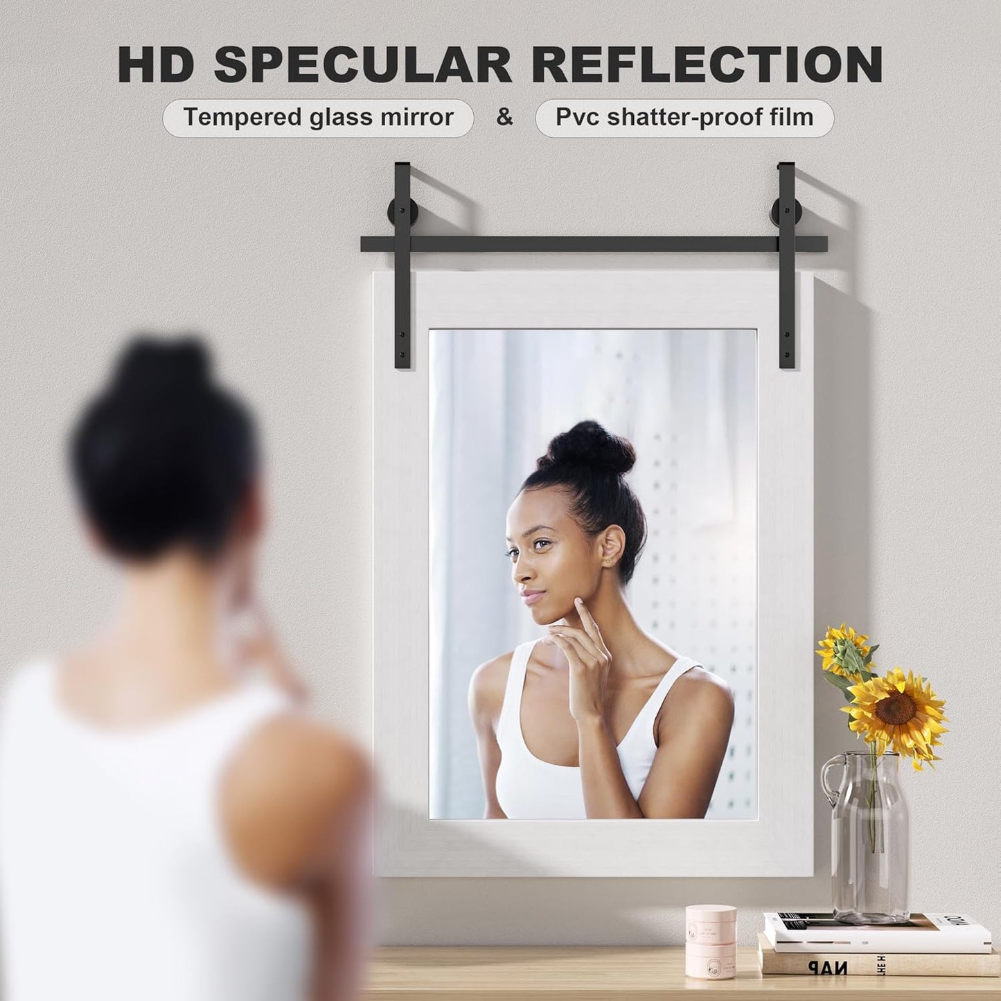 Hasipu Farmhouse Bathroom Mirror, 22"x30" Rustic Wood Framed Wall Mounted Mirror, White Vintage Vanity Mirror Barn Door Style Decrative Mirrors