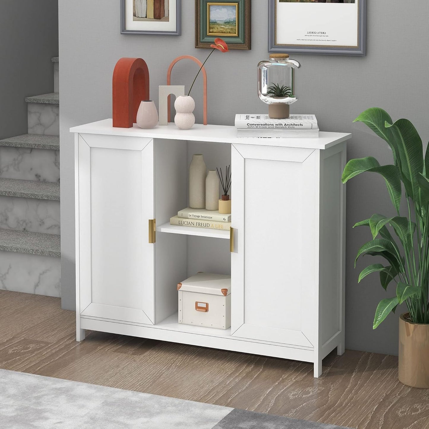 TaoHFE White Buffet Cabinet with Storage,Wooden Narrow Sideboard Entryway Cabinets,Modern White Cabinet with Doors Credenza