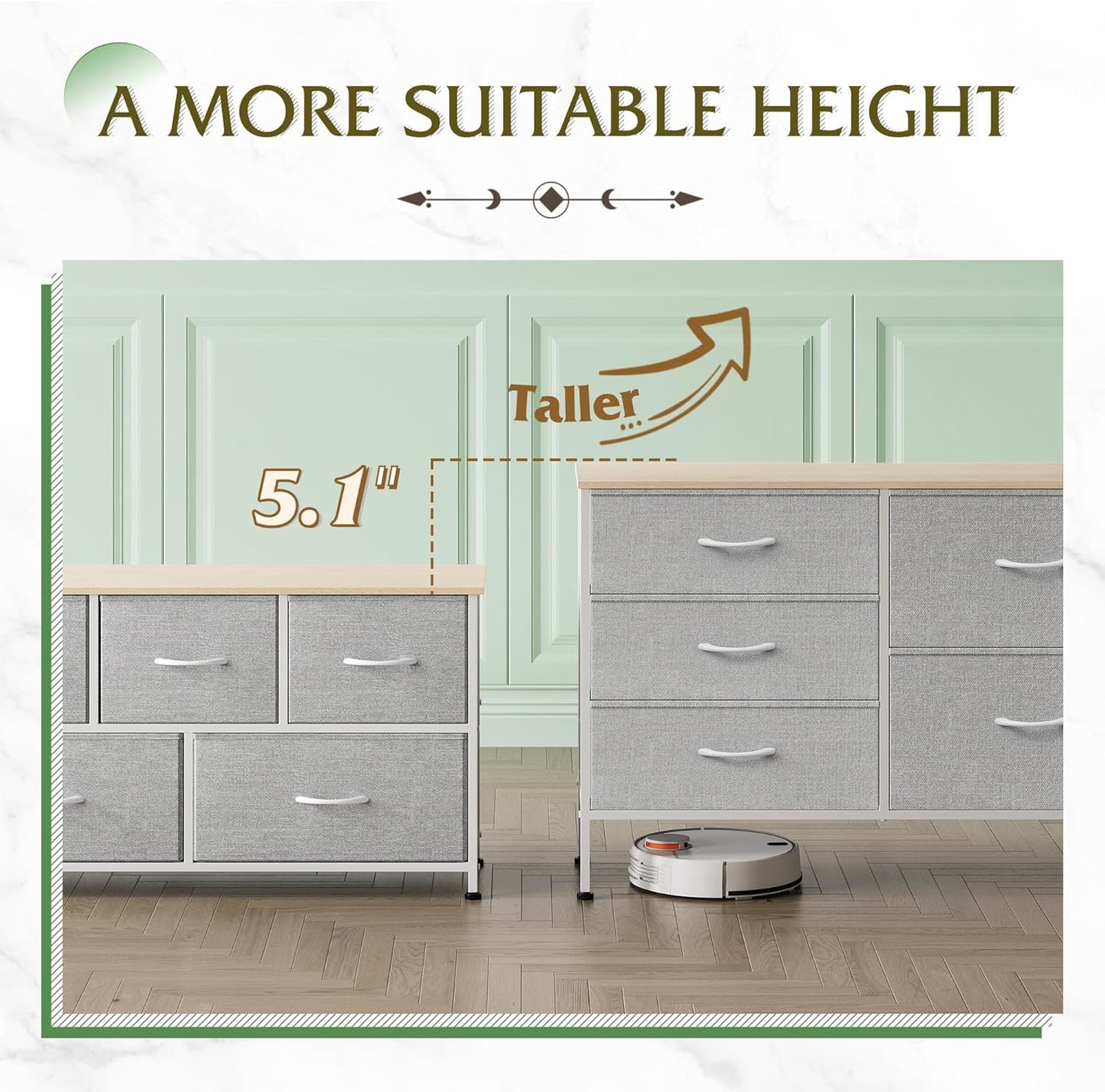 WLIVE Dresser for Bedroom with 5 Drawers, Wide Bedroom Dressers with Drawer Organizers, Chest of Drawers, Fabric Dresser for Living Room, Closet, Hallway, Light Grey