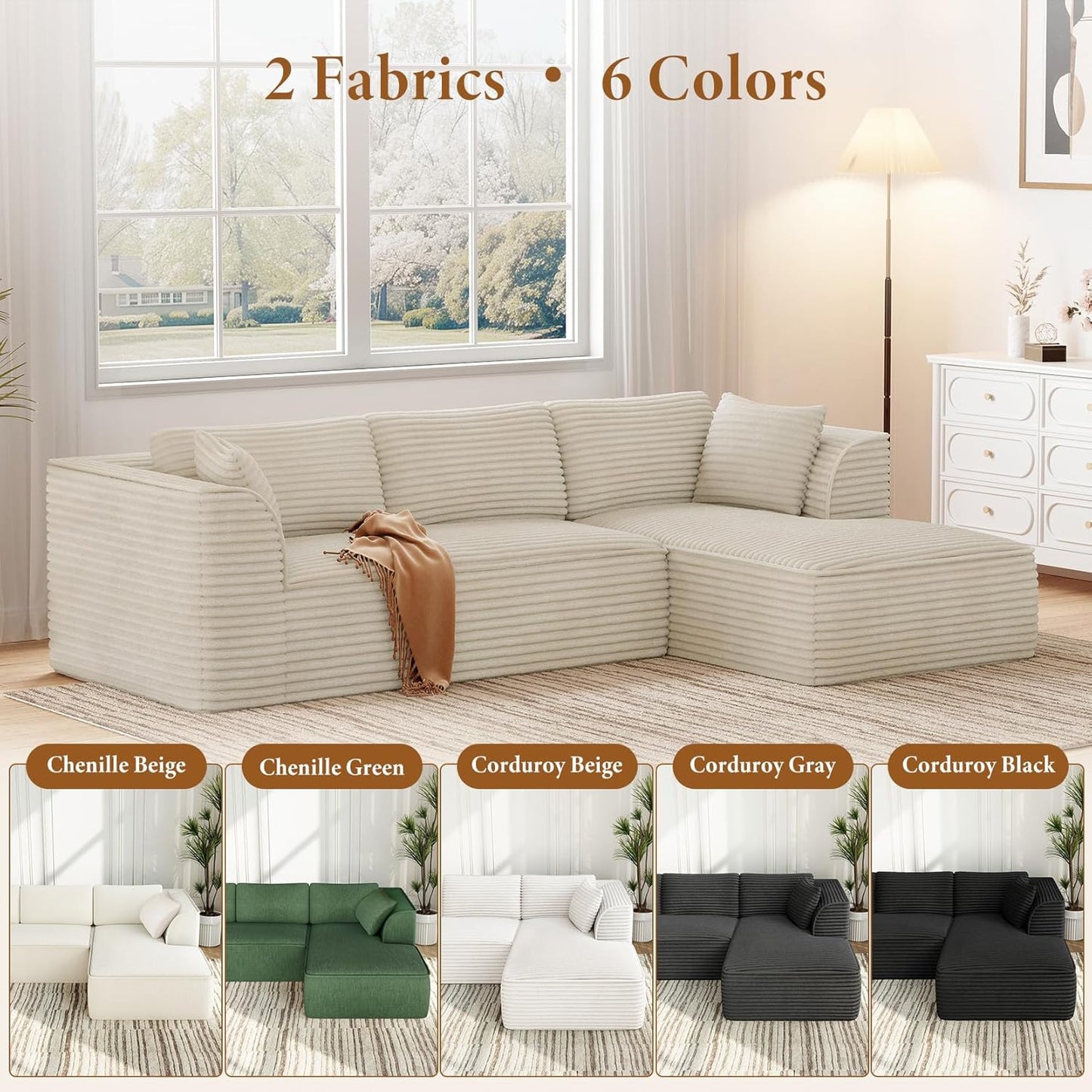 Vesgantti 106" Modular Sectional Sofa with Chaise, Deep Seat Comfy Cloud Couch Corduroy L Shaped Sofa Sectional Couches for Living Room Bedroom, No Assembly Required (Camel, Right-Facing Chaise)