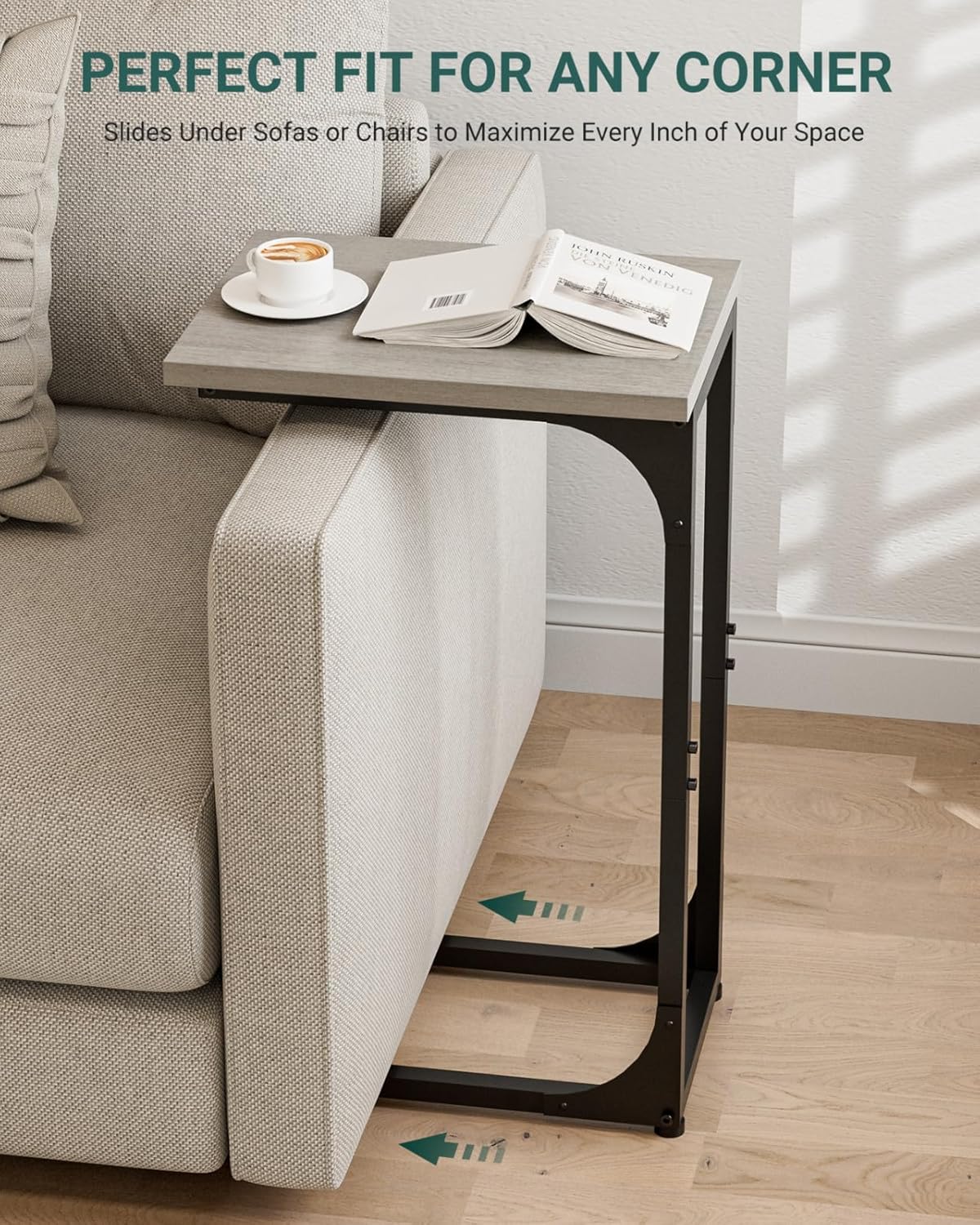 C-Shaped Side Table for Couch - Small Coffee Stand Sofa Tray Desk with Metal Frame and Waterproof Scratch Resistant, Modern End Accent for Living Room, Bedroom, Small Spaces, Greige