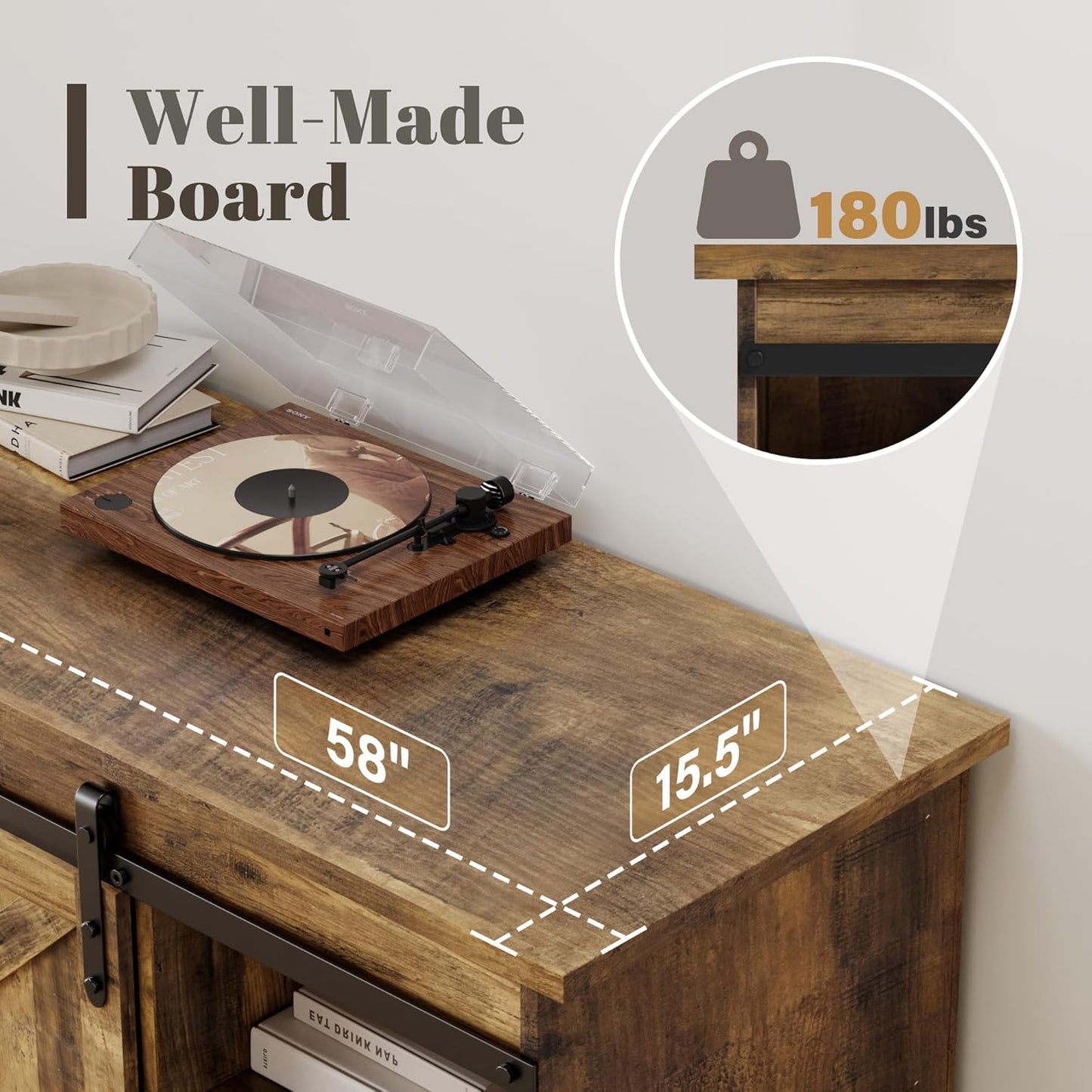 YESHOMY TV Stand for Televisions up to 65 Inchs, with Sliding Barn Doors and 4 Storage Drawers, Console Table and Media Furniture for Living Room, 58 Inch, Barnwood