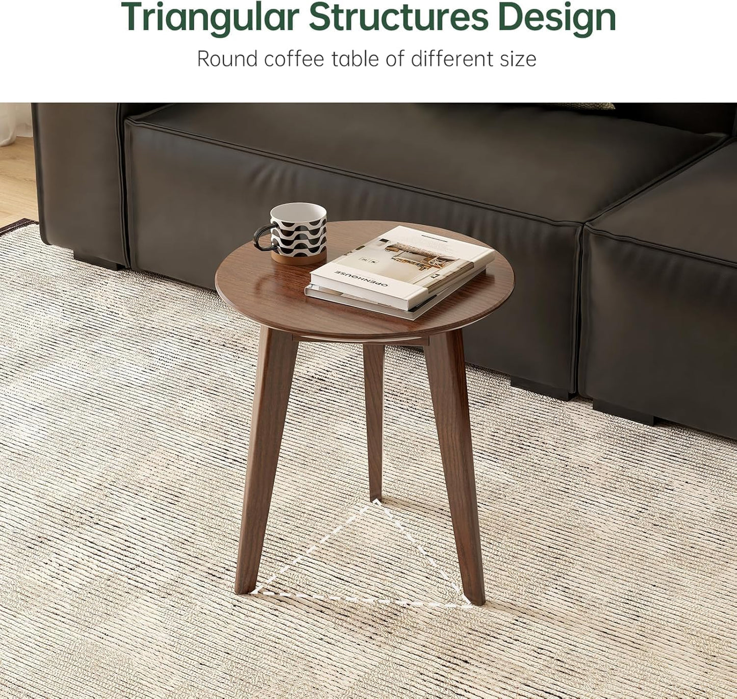 100% Solid Oak Round Side Table Set of 2, Small Bedside Table for Small Spaces, Living Room End Table with Stable Frame, Modern Nightstand for Bedroom Couch(Walnut, 17.71" D x 19.68" H)