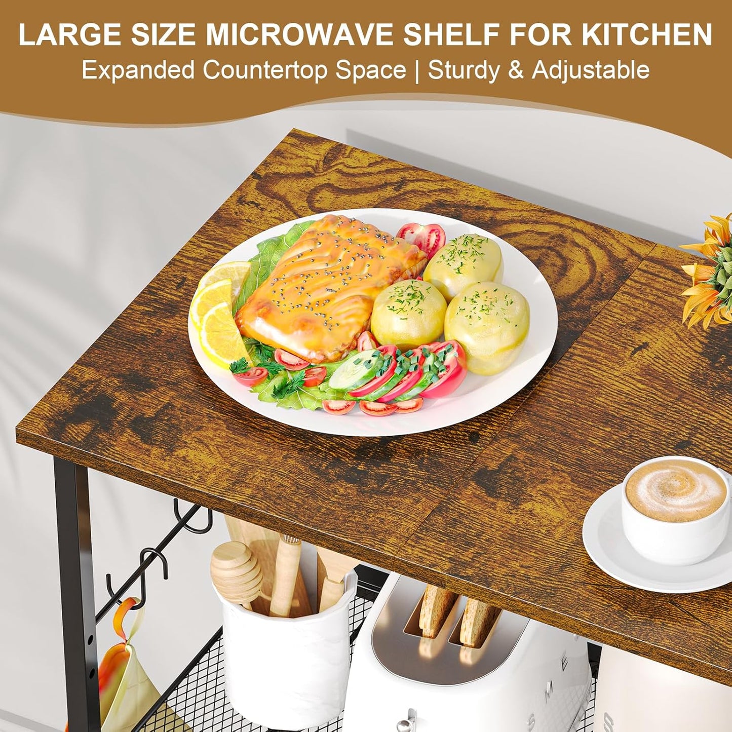 Rolling Kitchen Microwave Stand, 3-Tier Microwave Cart Table with Wood Top and Wire Basket, Coffee Bar Table on Lockable Wheels, Small Bakerâs Rack Shelf Organizer for Kitchen, Dining Room, Office