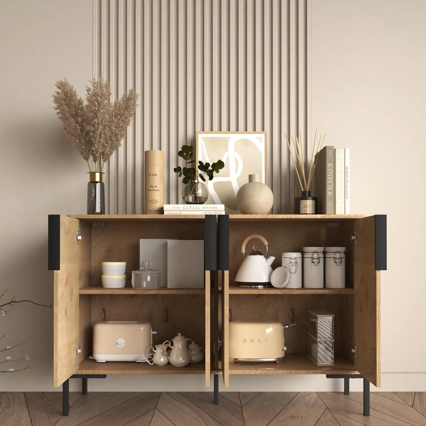 4 Doors Sideboard Buffet Cabinet with Adjustable Shelves, Modern Accent Sideboard with Golden Legs, Wide Storage Cabinet for Kitchen, LivingRoom,Natural