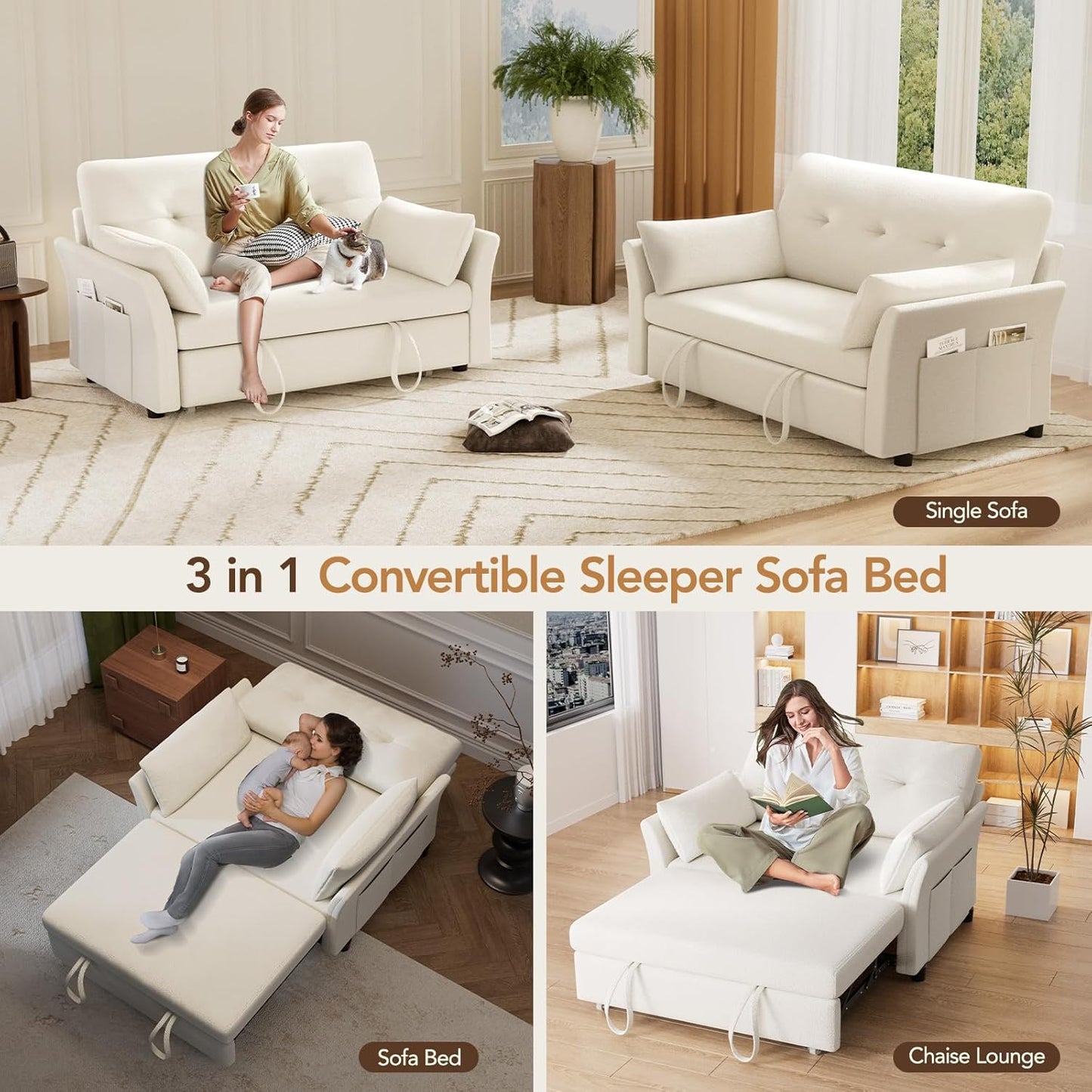Vipbear 3-in-1 Chenille Convertible Sofa Bed, Pull Out Sleeper Sofa with Reclining Backrest & Side Pocket, Tool-Free Assembly, Folding Loveseat for Living Room, Apartment, White