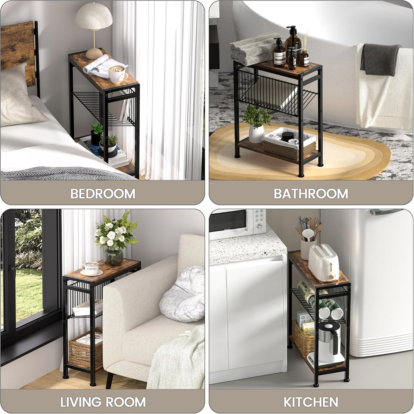 Small Side Table Set of 2 for Small Space, 3-Tier Narrow End Table with Magazine Holder, Slim Nightstand, Skinny Snack Couch Table in Living Room, Bedroom and Balcony (Rustic Brown &Black)