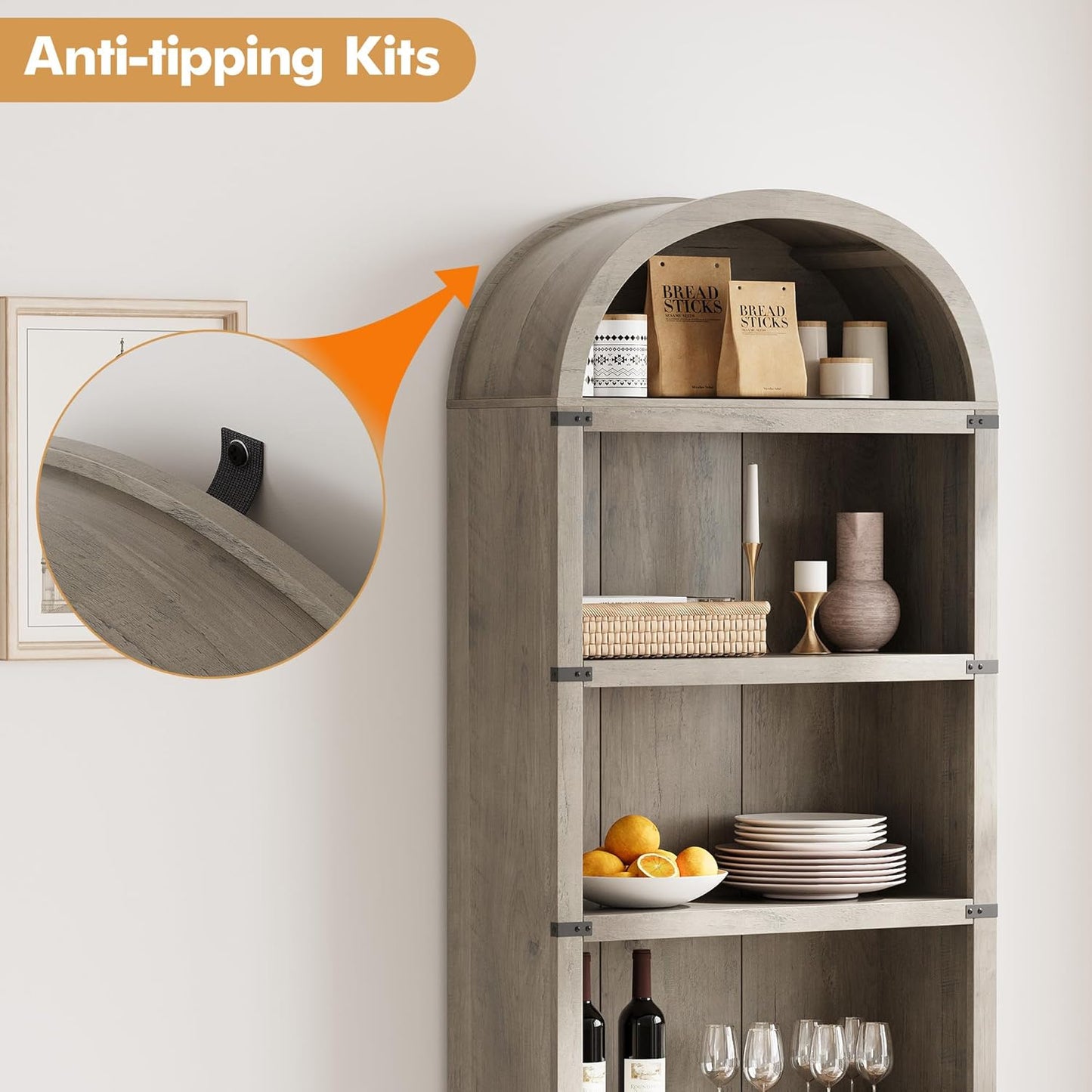 GarveeHome Bookcase 5 Shelf Arched Bookshelf 71.65in Tall Bookcase Farmhouse Display Storage Rack Wooden Bookshelves for Home Office, Living Room (Rustic Gray)