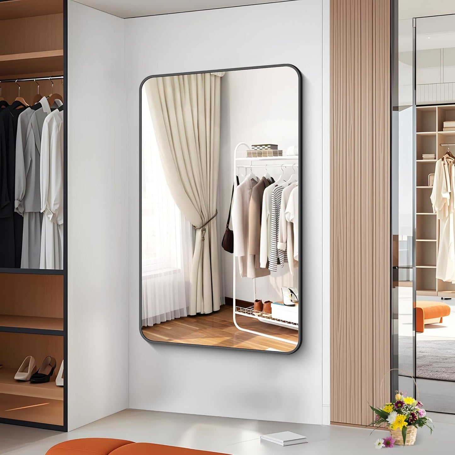 BONEWEI 60x36 inch Large Bathroom Mirror,Black Rectangle Mirror,Wall Mounted Bathroom Frame Vanity Mirror with Round Corner for Bedroom Living Room, Entryway Hangs Horizontal or Vertical