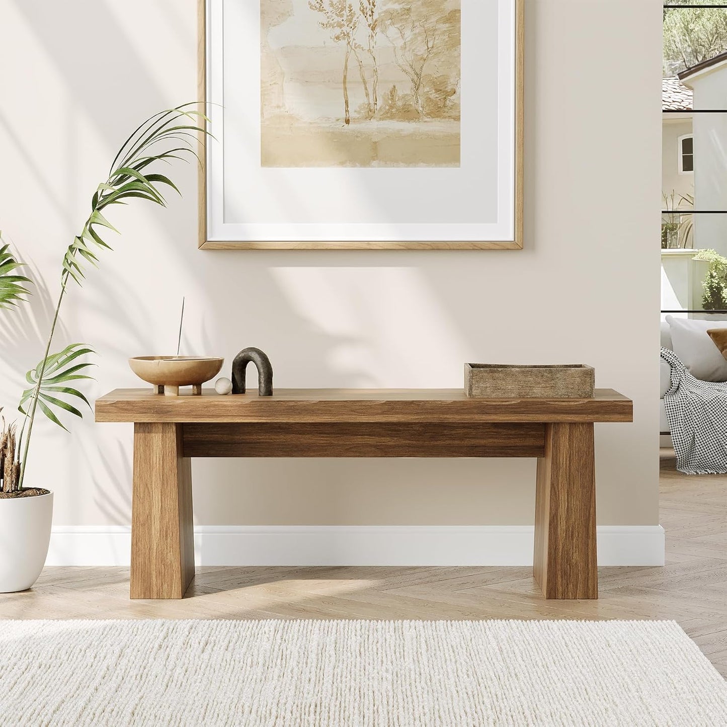 LITTLE TREE 47-Inch Wooden Entryway Bench, Farmhouse Dining Bench with Sturdy Frame for Dining Room, Bedroom, Living Room Hallway Kitchen, Easy Assembly (Walnut)