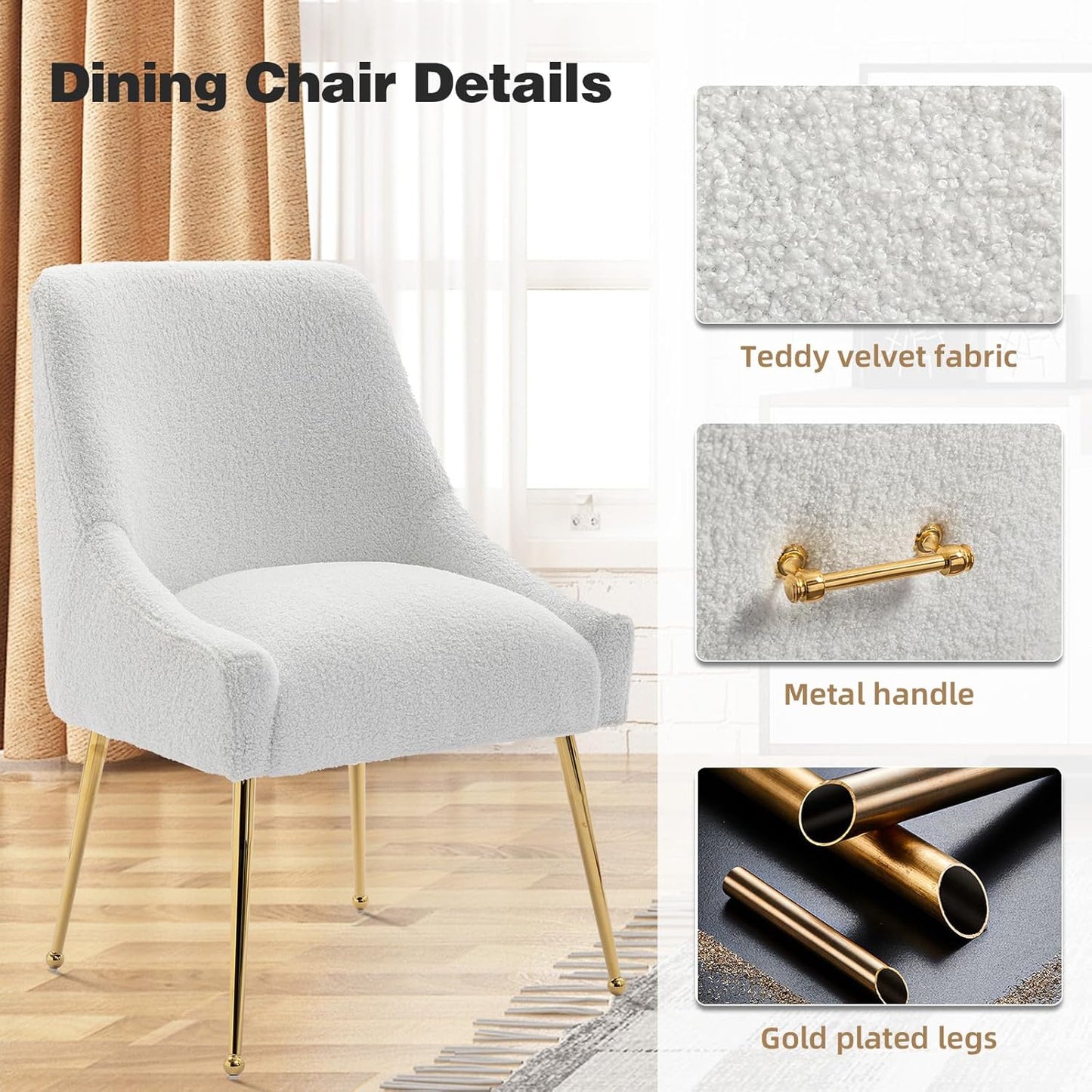Dining Chairs Medieval Modern Restaurant Chairs, Soft Cushions, Teddy Velvet, Polished Gold Metal Legs, Kitchen Chairs, Living Room White 4-Piece Set