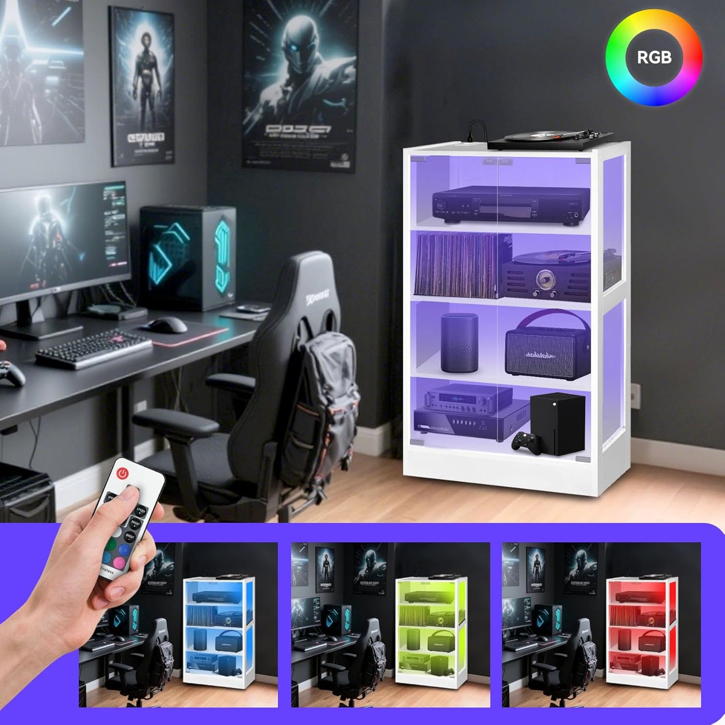 4-Tier Media Cabinet with LED Lighting, Audio/Video Stand Featuring Built-in USB Ports and Electrical Outlets, Designed for Living Rooms and Gaming Spaces, Glass Doors