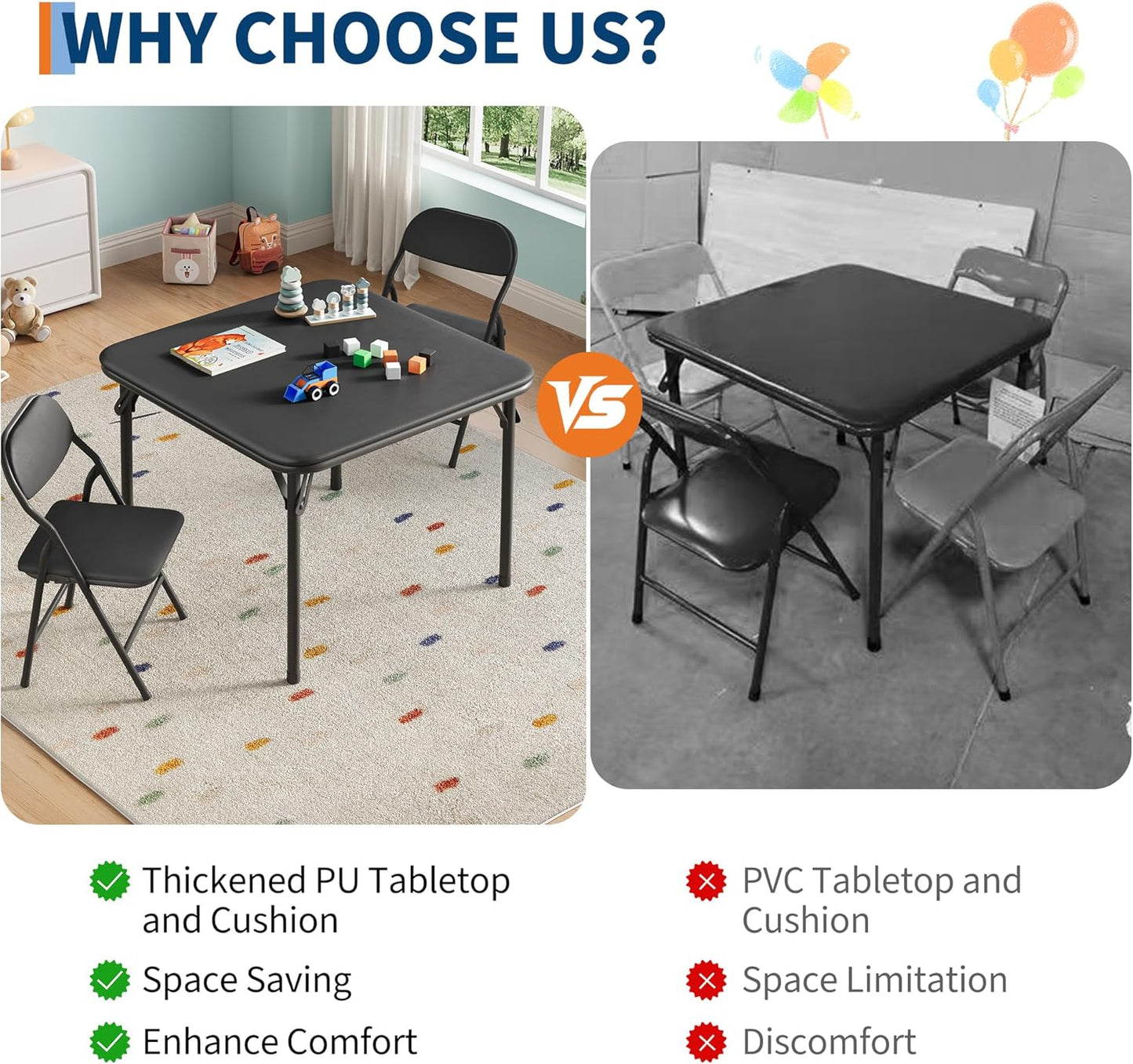 IDEALHOUSE 3 Piece Folding Kids Table and Chairs Set, Children Activity Table and Chairs Set for Dining Room,Daycare,Classrooms