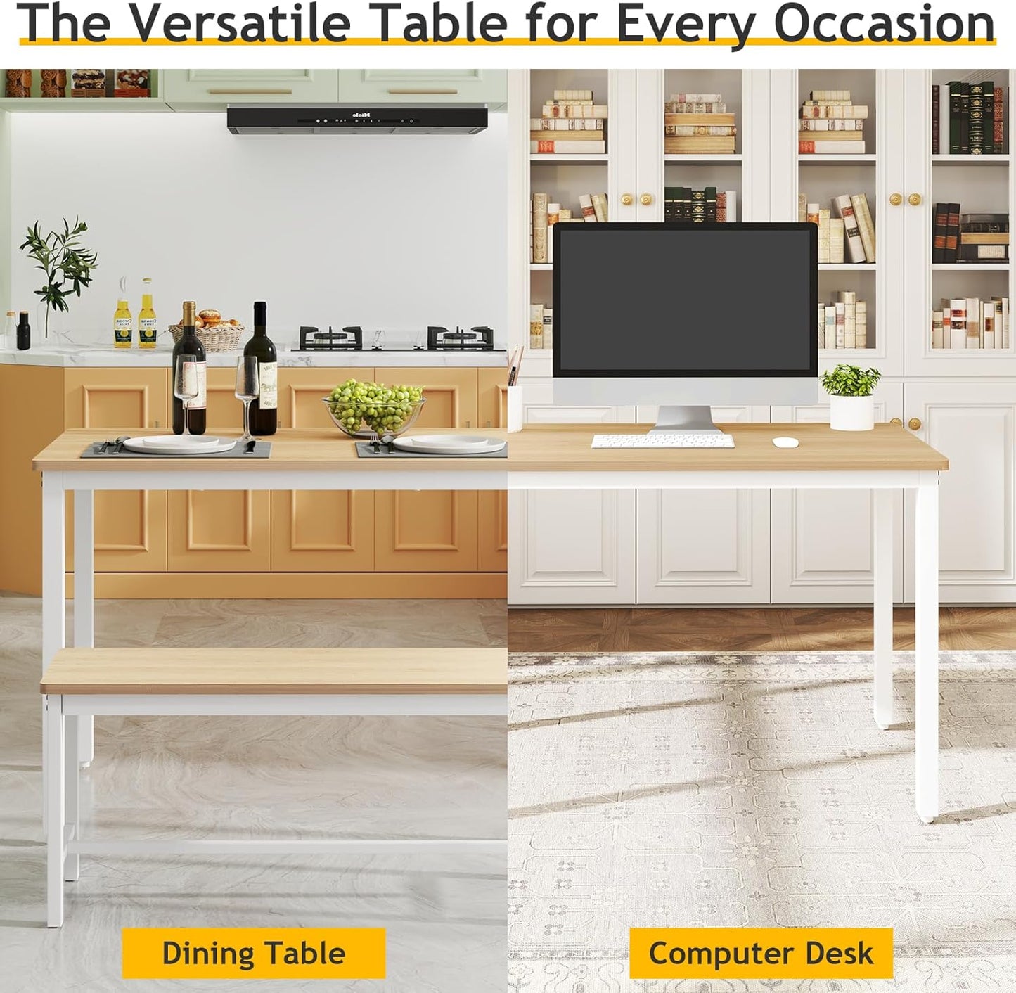 Rovibek 43" Dining Table Benches Set for 4, Modern Space Saving Kitchen Table Chairs & Adjustable Feet Breakfast Table 2 Benches, Wooden Industrial Style Farmhouse, White