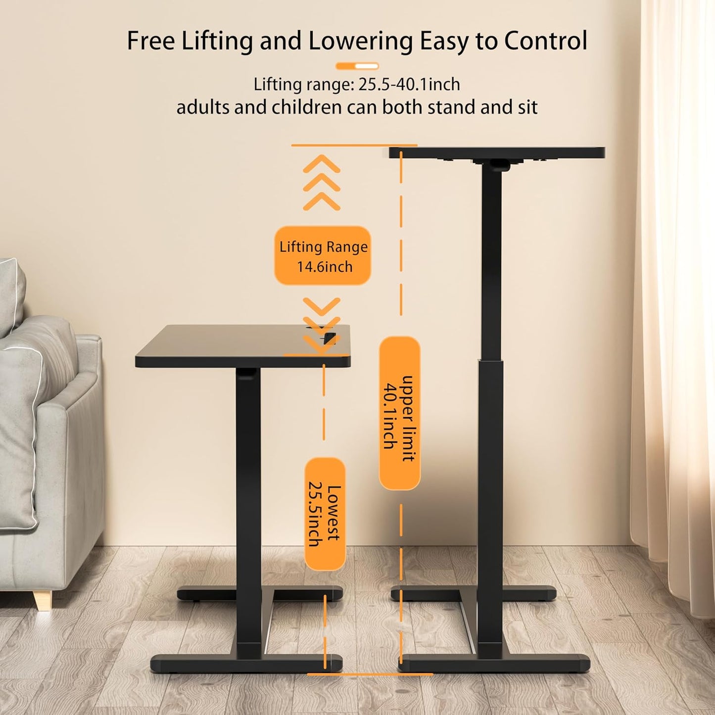 Home Office Desks Height Adjustable with 360° Moveable Hidden Wheels,Multifunctional Pneumatic Laptop Desk Suitable for Sofa、Bedside、Study and Work Use,Black