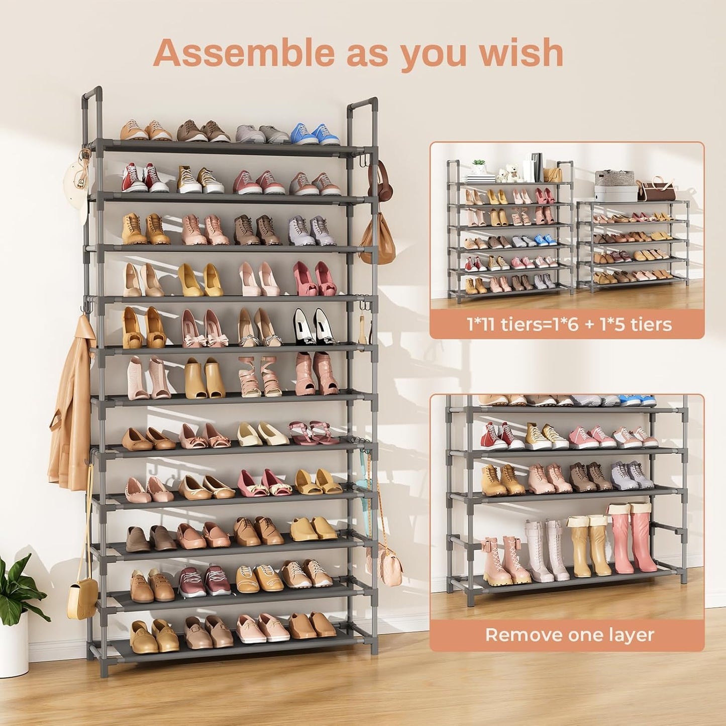 11 Tiers Tall Shoe Rack Holds 55 Pairs of Shoes with 18pcs Hooks Sturdy Wide Shoe Organizer Storage Free Standing Metal Shoe Shelf for Closet, Entryway Grey