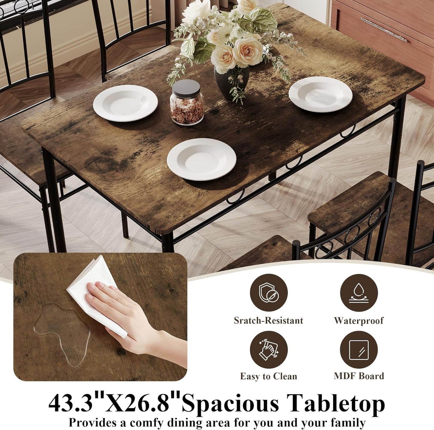 5 Piece Dining Table Set, Modern Metal&Wood Kitchen Dinner Table with 4 Chairs, Dining Room Table Sets for Small Spaces, Brown