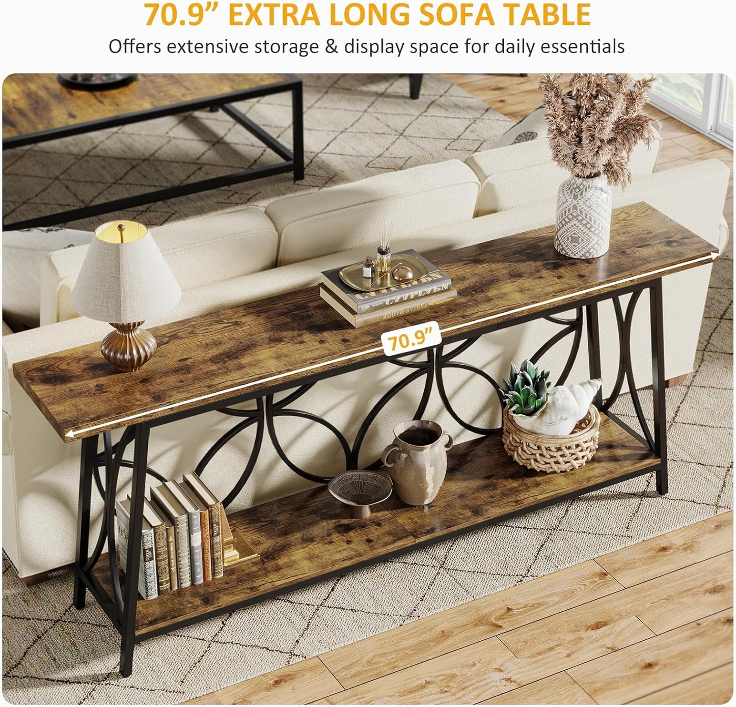 70.9-Inch Sofa Table, 2-Tier Narrow Console Table with Storage for Living Room, Entryway, Hallway, Foryer, Geometric Pattern Design (Rustic Brown)