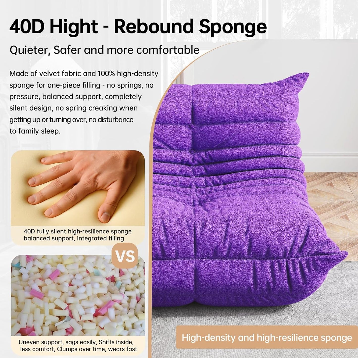 Bean Bag Chairs for Adults, BeanBag Reading Chair Memory Foam Couch 3-Seater, Floor Chair Soft Teddy Material, Comfy Reading Nook Chairs for Bedroom Living Room Office (Purple)