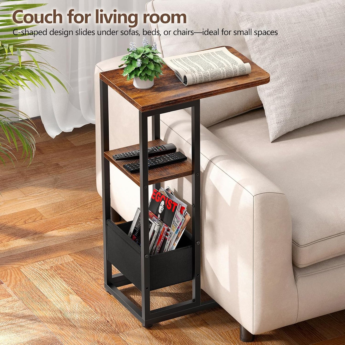 C Shaped End Table, Small Side Table for Couch, Recliner, Slide Under Sofa Tray Desk Snack Tables with Storage Bag for Living Room,Bedroom, Small Spaces - Rustic Brown