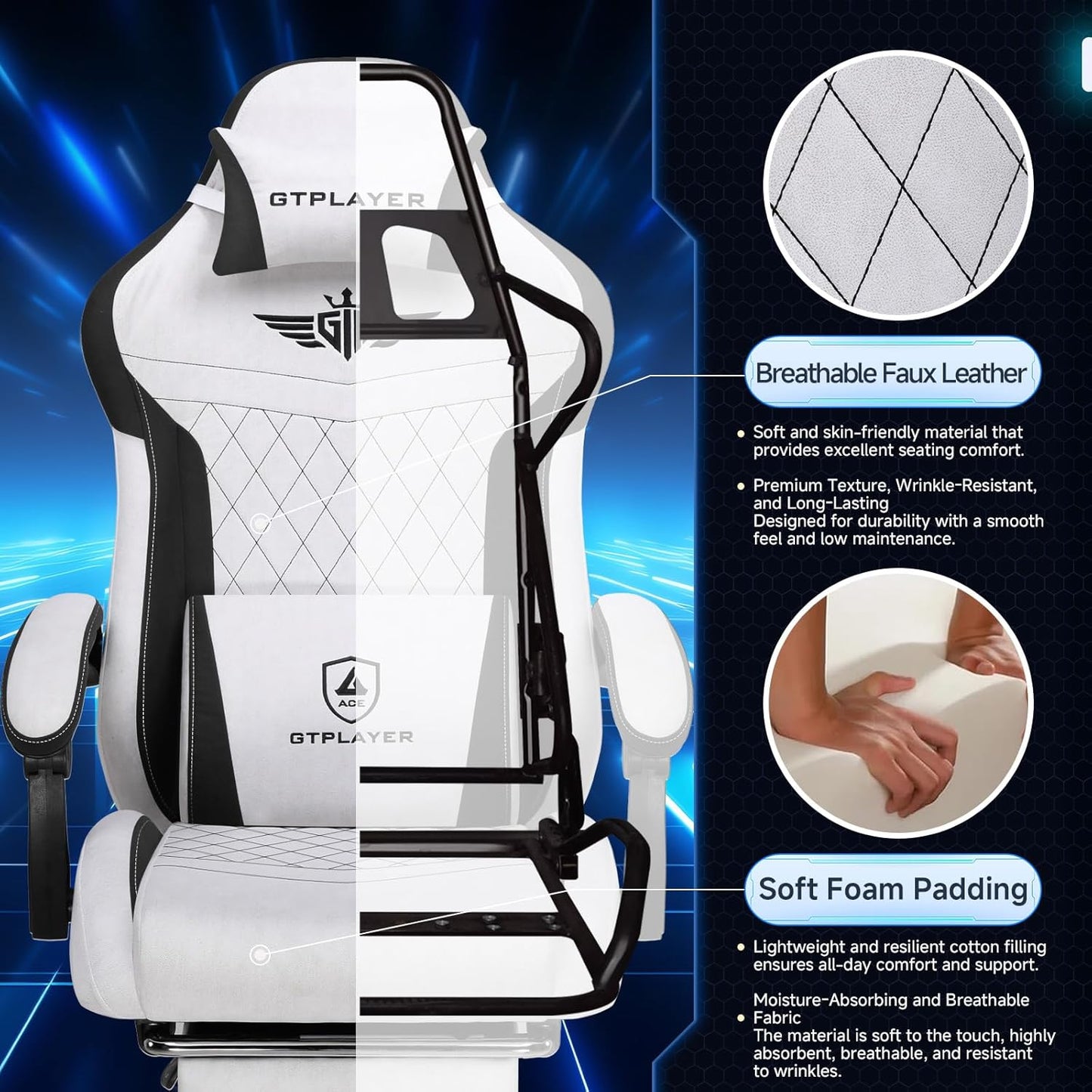 GTPLAYER Gaming Chair, Video Game Chairs with Footrest and Lumbar Support, Computer Chair for Adults with Extended Backrest, Ergonomic Reclining Silla Gamer, Fabric, Grey