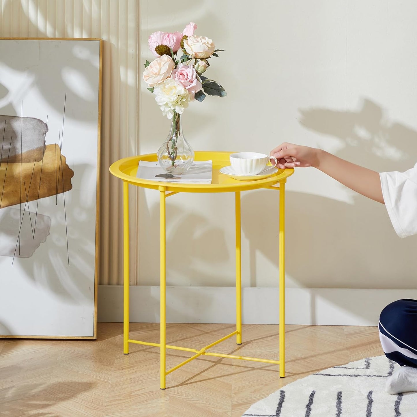 VECELO Side/End Table, Folding Round Metal Anti-Rust and Waterproof Outdoor or Indoor Tray for Living Room Bedroom Balcony and Office, 2 PCS, Yellow