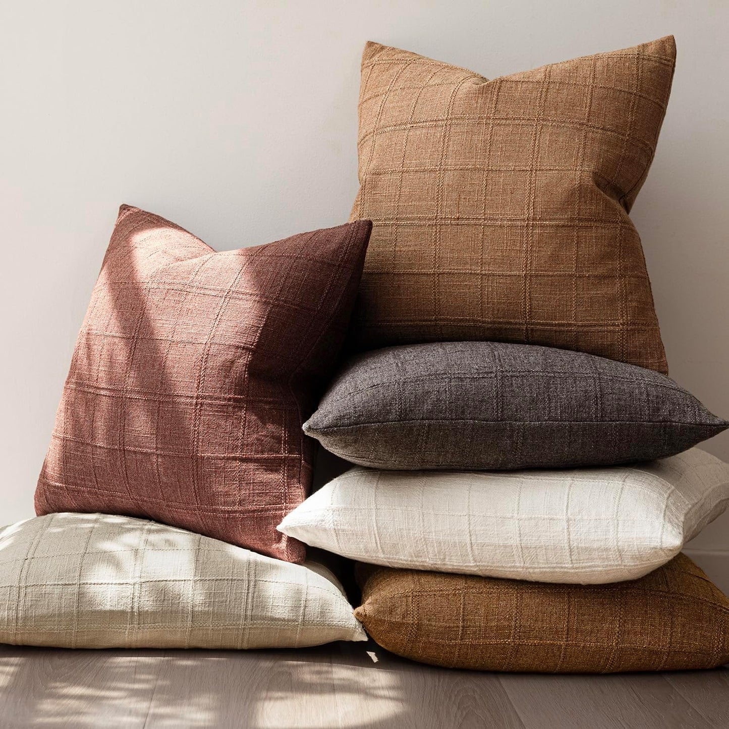 Foindtower Set of 2 Decorative Linen Check Throw Pillow Covers Neutral Farmhouse Lumbar Cushion Covers Modern Boho Home Decor for Sofa Chair Couch Bedroom Living Room Outdoor,12×20 Inch,Autumnal Red