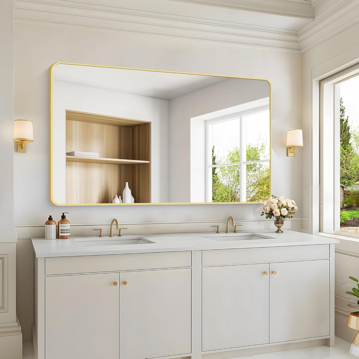 55x36 Inch Gold Bathroom Mirror, Metal Framed Large Rectangle Mirror, Rounded Rectangular Vanity Mirror, Wall Mounted Mirror for Over Sink Living Room Bedroom Entryway Horizontal/Vertical