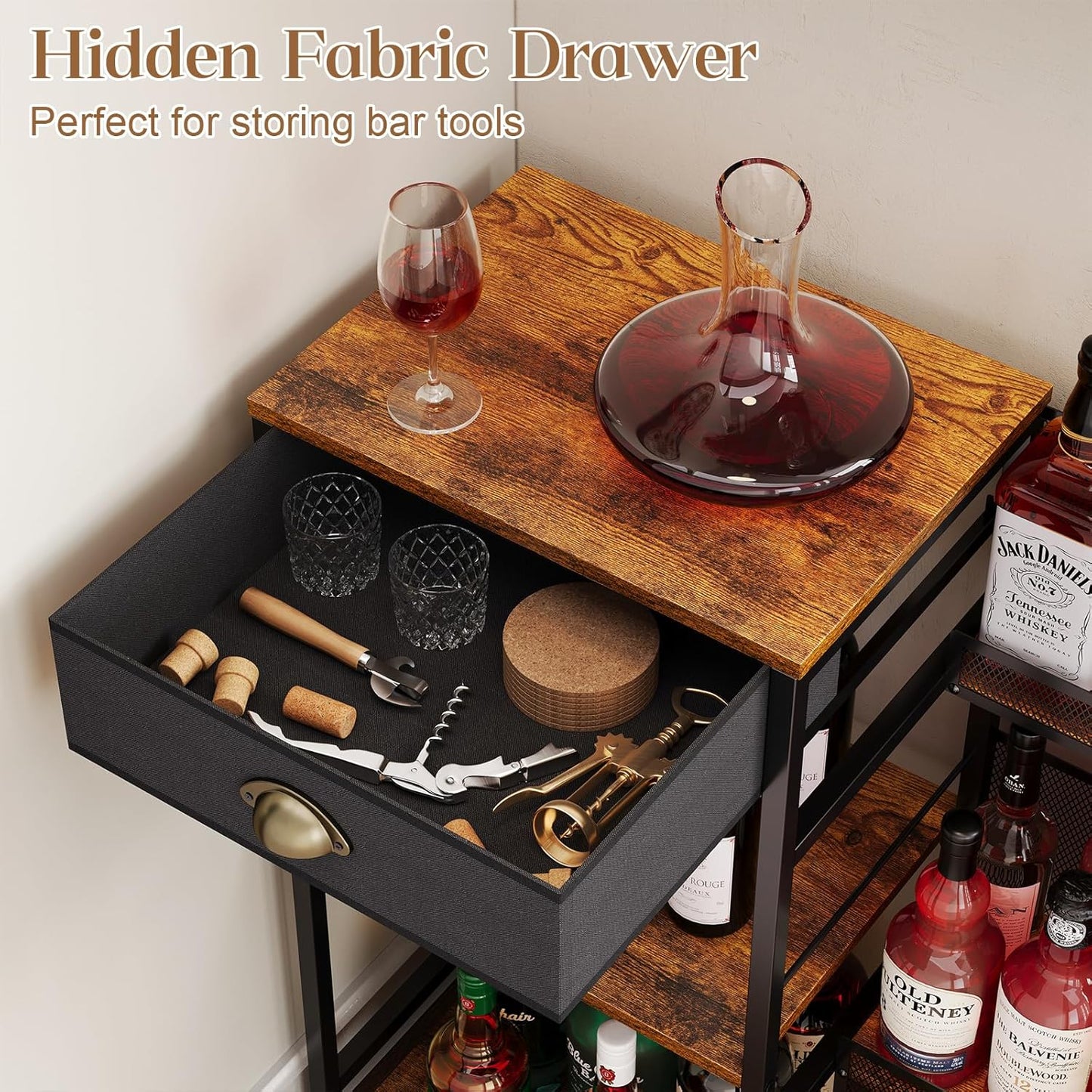 Liquor Cabinet Bar for Home with Drawer, 3-Tier Wine Rack Freestanding Floor and Wine Shelf with Step Design for Whiskey, Spirits, Vintage Mini Bar for Kitchen Apartment