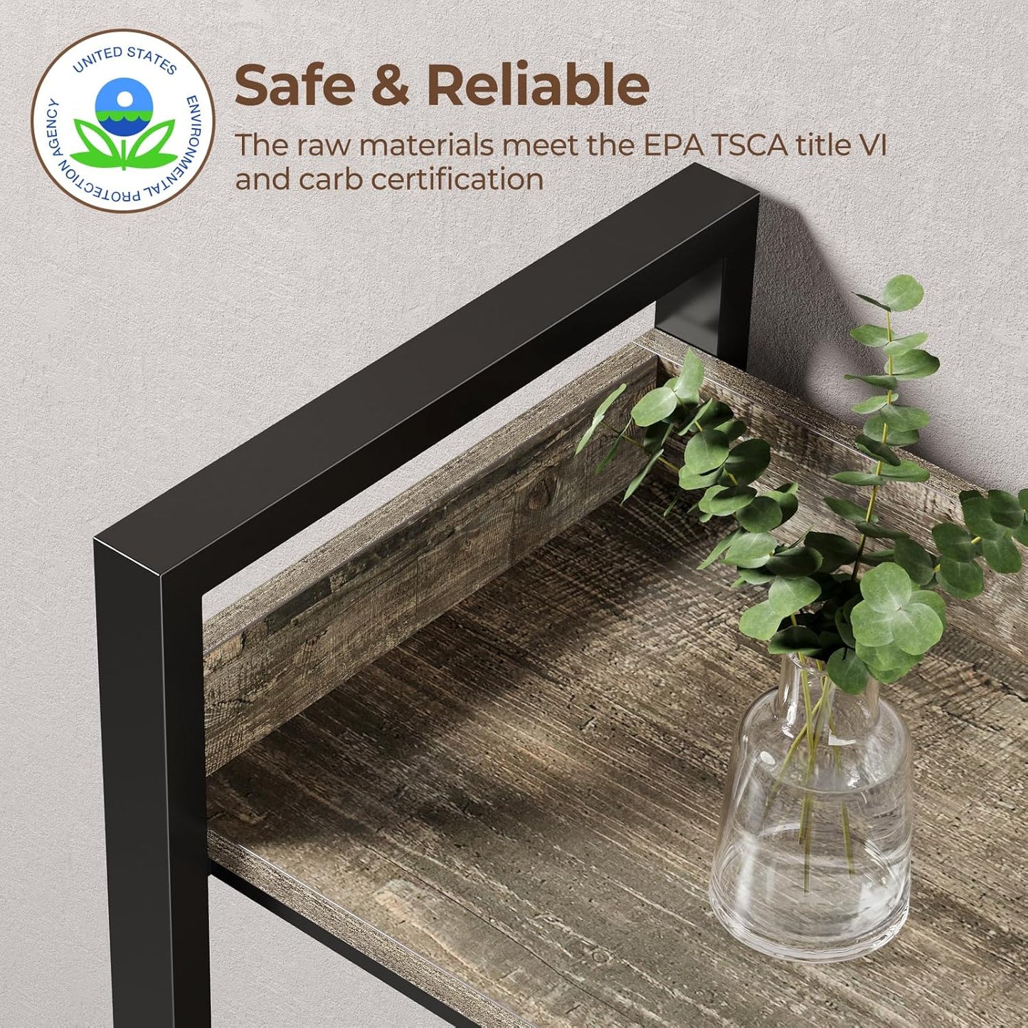 Rolanstar Bookshelf 4 Tiers with 4 Hooks, Triple Bookcase with Open Display Shelves, Industrial Wide Bookshelf with Metal Frame for Living Room, Office, Grey