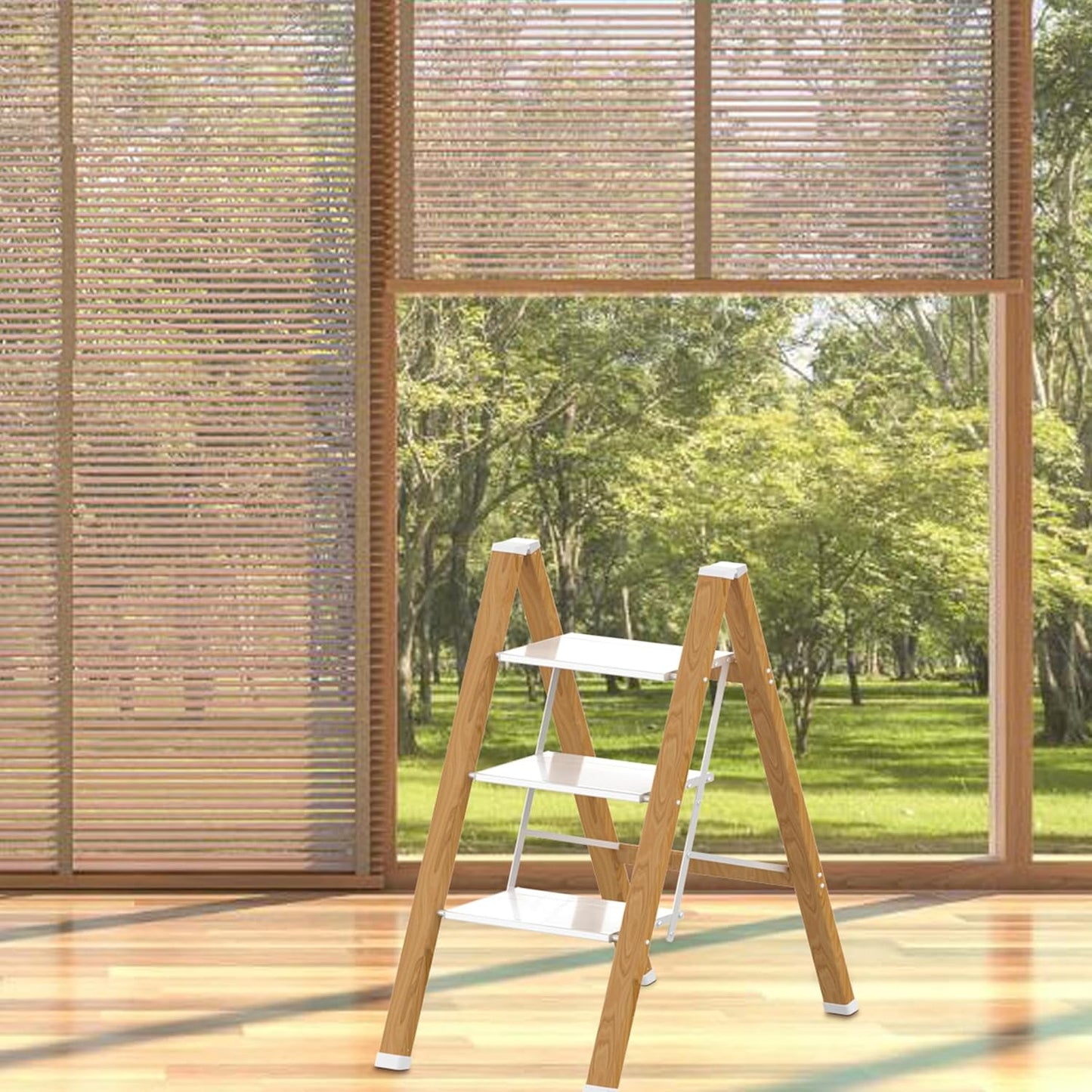 3 Step Ladder, Portable Step Ladder Folding, Lightweight Step Ladder with Anti-Slip Pedal, Aluminum Indoor and Closet, Kitchen, 330lbs - White & Wood Grain