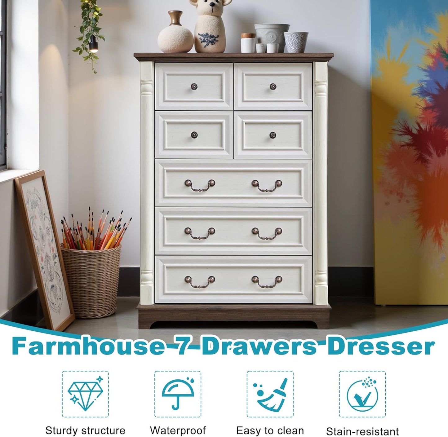 31.5" Farmhouse Sideboard Buffet Cabinet with Storage, Kitchen Buffet Storage Cabinet with 7 Drawers, Modern Wood Accent Sideboard for Living Room, Kitchen, Hallway(Antique White)