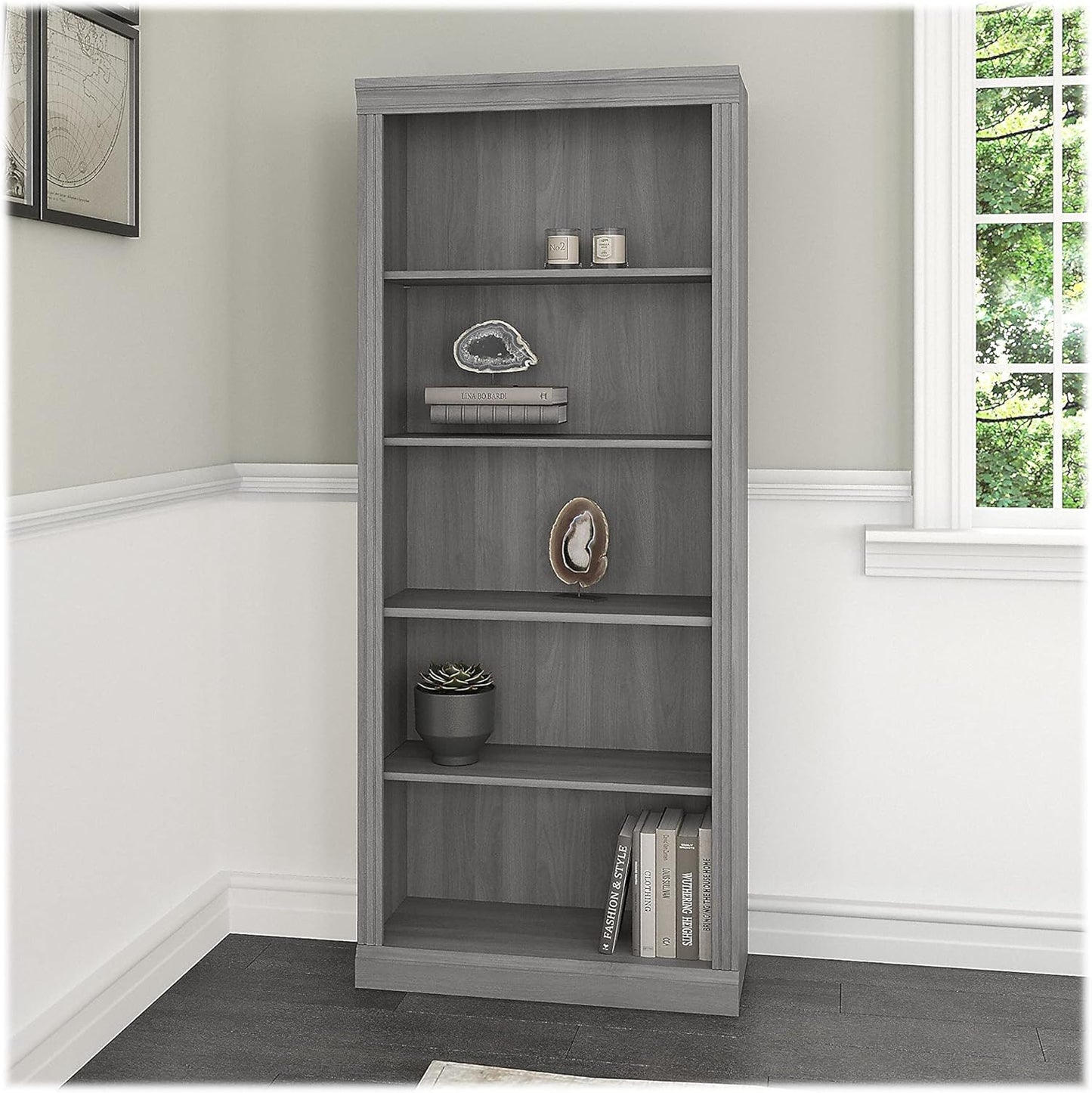 Bush Furniture Saratoga Tall 5 Shelf Bookcase in Modern Gray, Home Office Organizer, Vertical Storage Solution for Books and Office Supplies, Tall Bookshelf